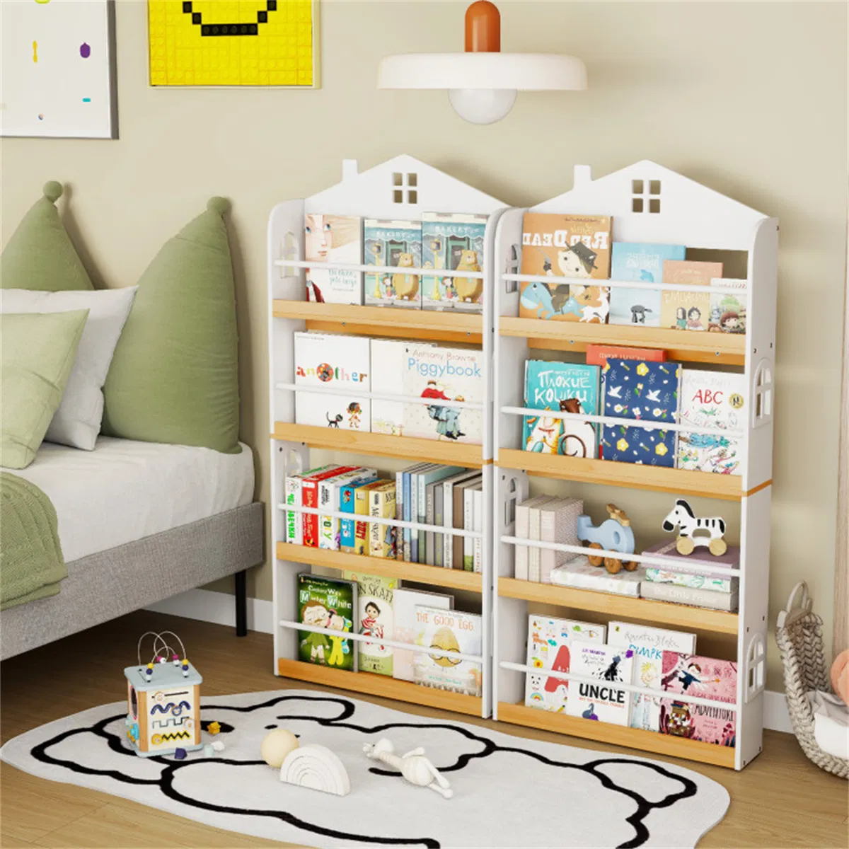 4-Tier House-Shaped Kids Bookshelf, 60.96×15.24×129.54 cm Front-Facing Book Rack with Anti-Toppling Kits for 3+ Years, White & Natural photo 2