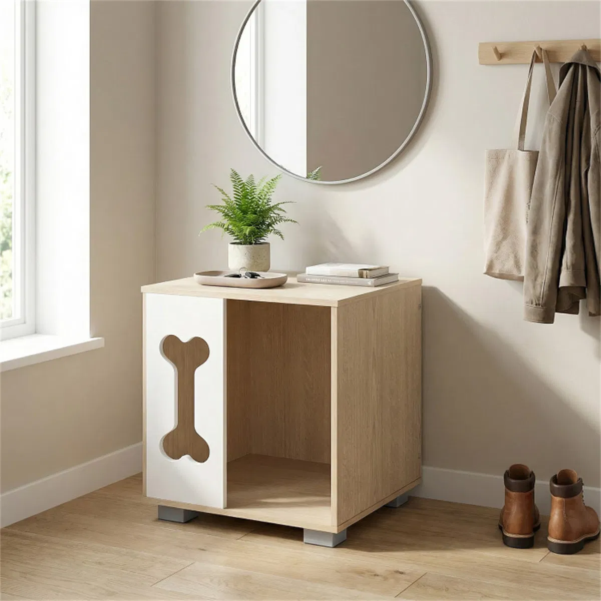 Cat Dog House Dog Bed Side Table Wooden Dog Condo with Bone-shape Window and Thick Metal Legs photo 3