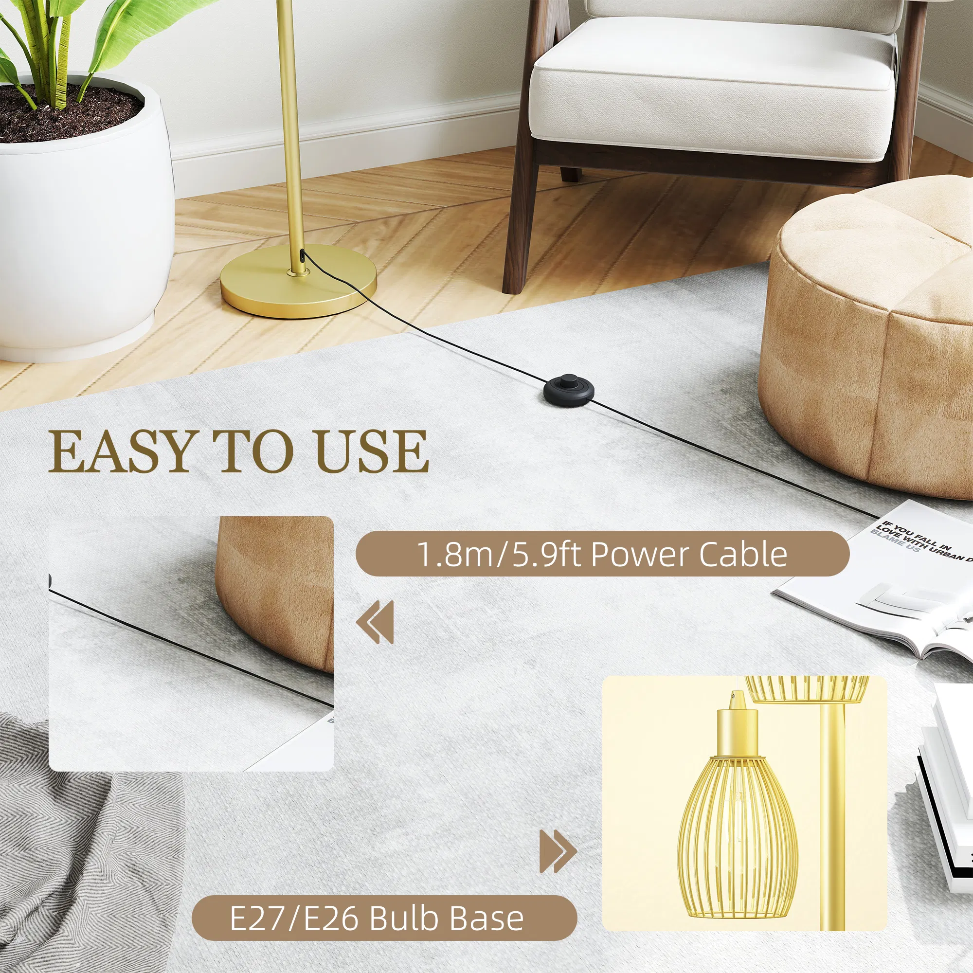 Industrial Floor Lamp with 3 Hanging Wire Lampshades, Dimmable Standing Lamp for Living Room, Gold photo 6
