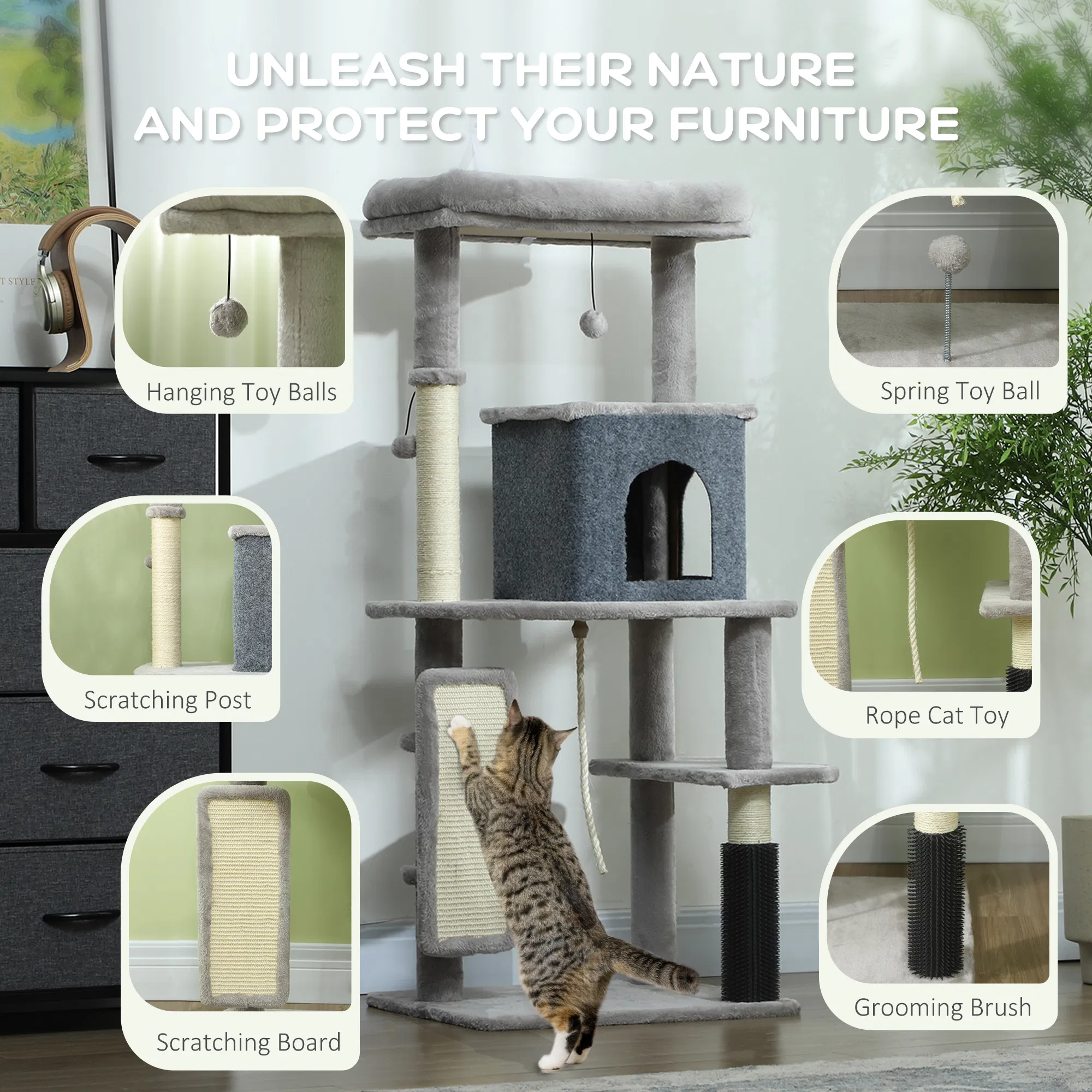 52 Inch Cat Tree with Scratching Posts, Cat Bed, Condo, Grooming Brush, Jumping Platforms, Toy Balls, Anti-tip Kit photo 4