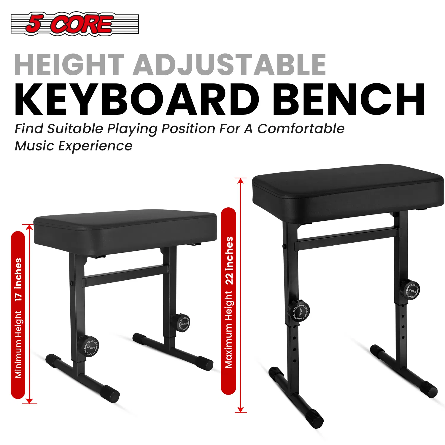 5 CORE Keyboard Bench Piano Stool T Style Black Thick Padded Cushion Seat | Height Adjustable 17 to 22 inch | Keyboard Chair (PU Leather) KBB H-ADJ BLK photo 3