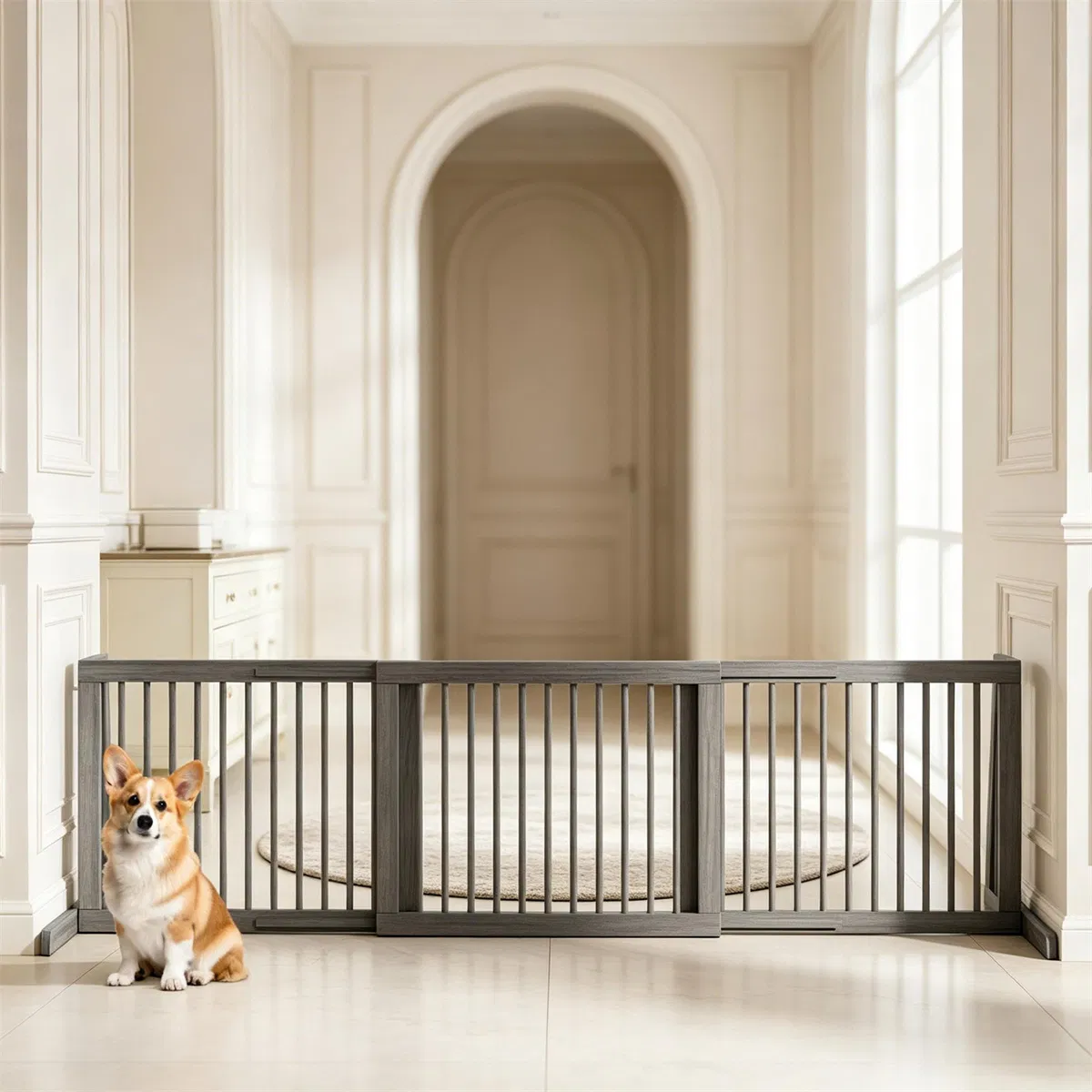 Adjustable Expandable Wooden Pet Gate 22 Inch Tall Freestanding Safety Fence, Gray Pine Wood Slide Dog Gate Easy Assembly for Home & Office Entryways photo 1