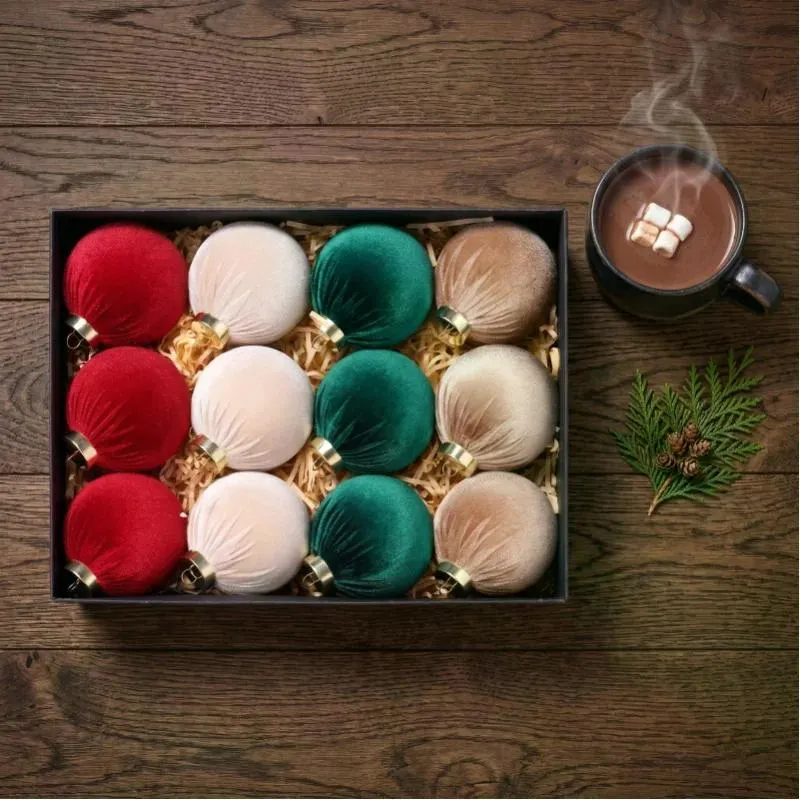 12Pcs Velvet Christmas Baubles Set, 80mm (3.15inch) Fabric Wrapped Xmas Balls, Red Green Cream Coffee Hanging Ornaments for Christmas Tree Holiday Home Party Decor photo 4