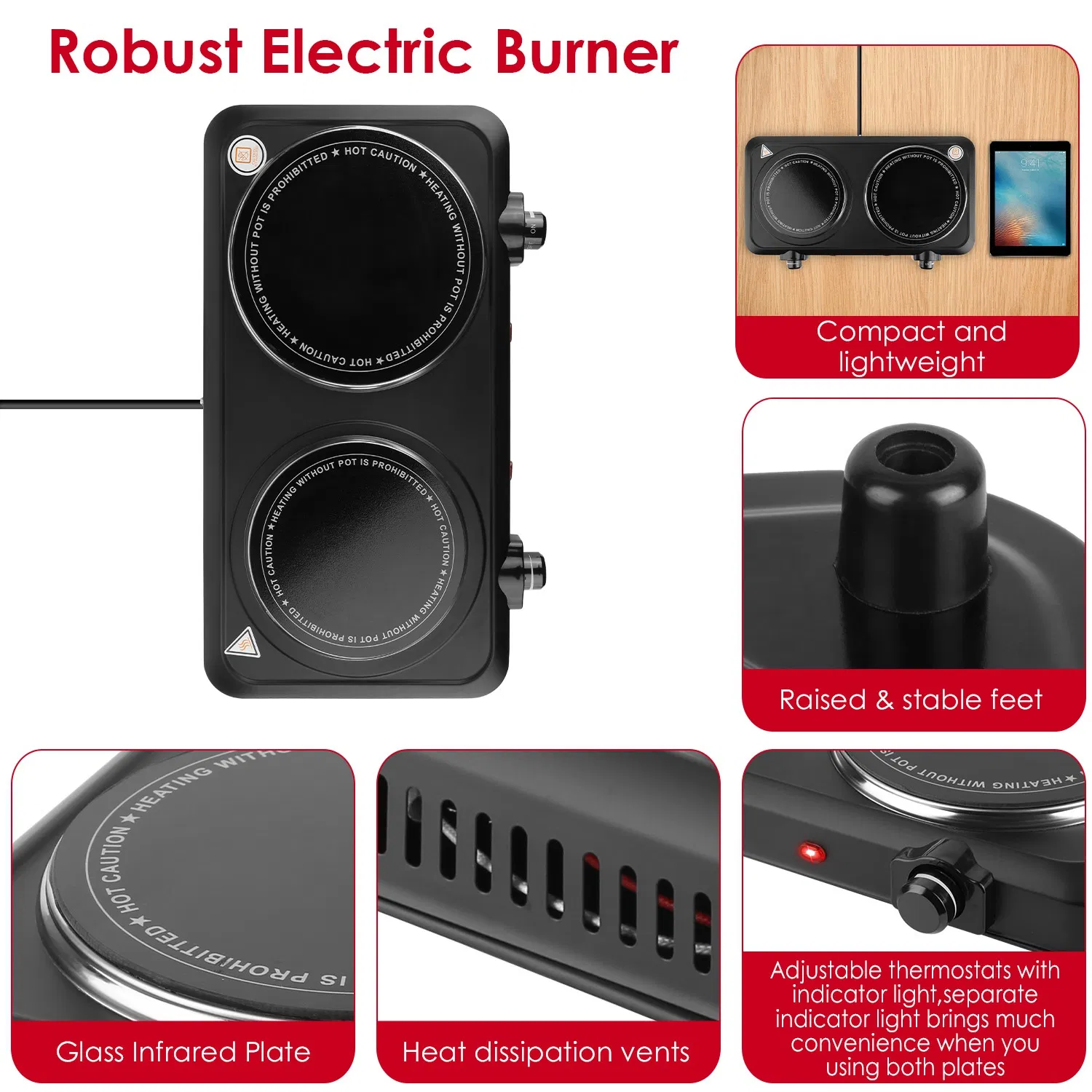 2000W Electric Infrared Dual Burner Portable Heating Hot Plate Stove Countertop RV Hotplate with 7.5' & 6.3' Glass Cooktop Stepless Temperature Adjustments for Home RV Camp photo 3