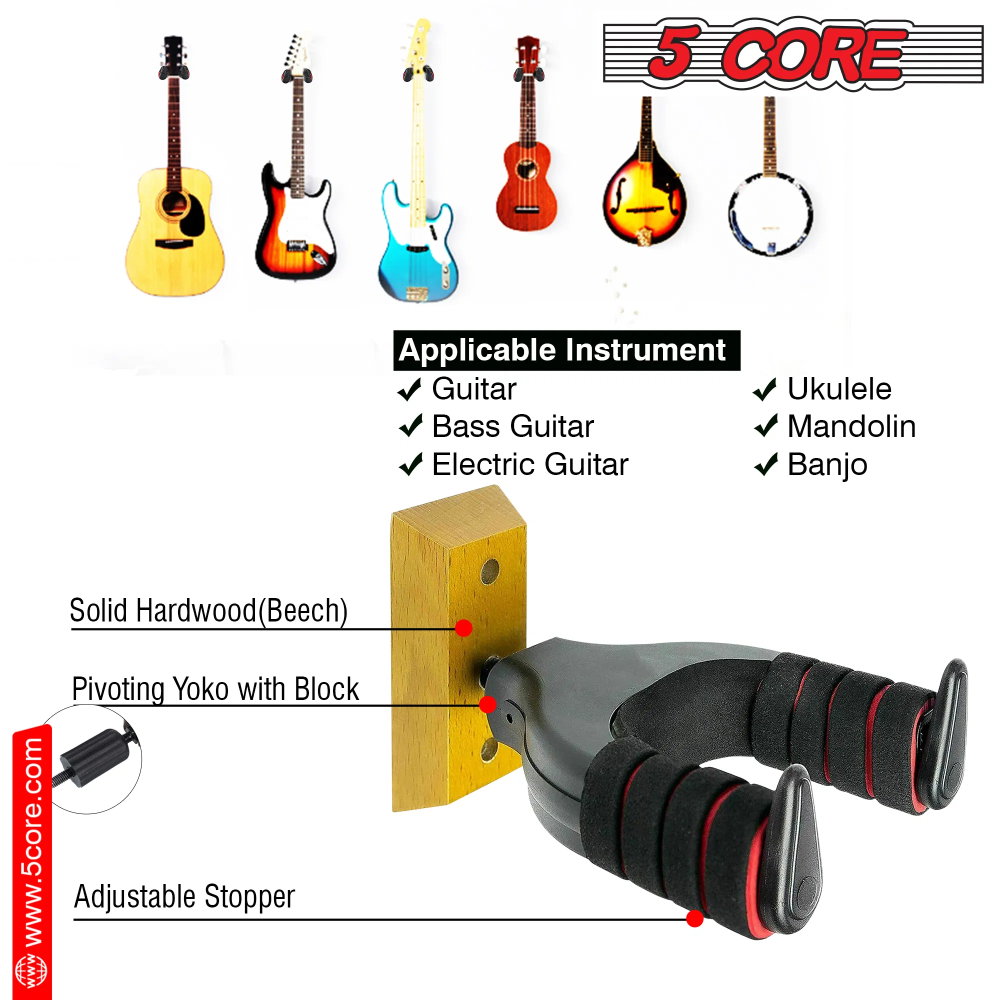 5Core Guitar Wall Mount Hanger Hook Metal Base Soft Padding Adjustable Rotatable Holder photo 5