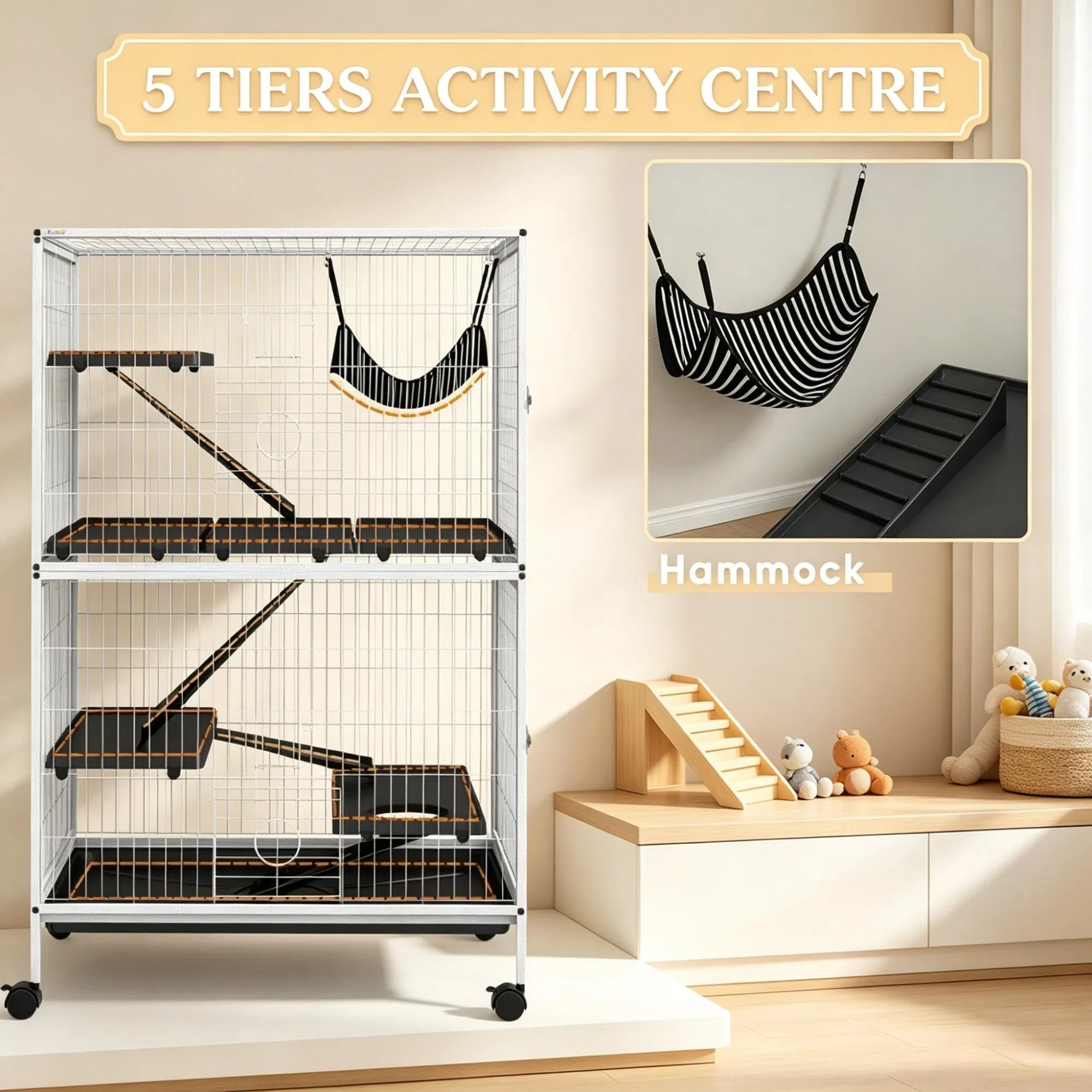 50 Inch Tall Rolling Ferret Chinchilla Cage Small Animal Pet Habitat with Hammock, 4 Doors, Removable Tray photo 5