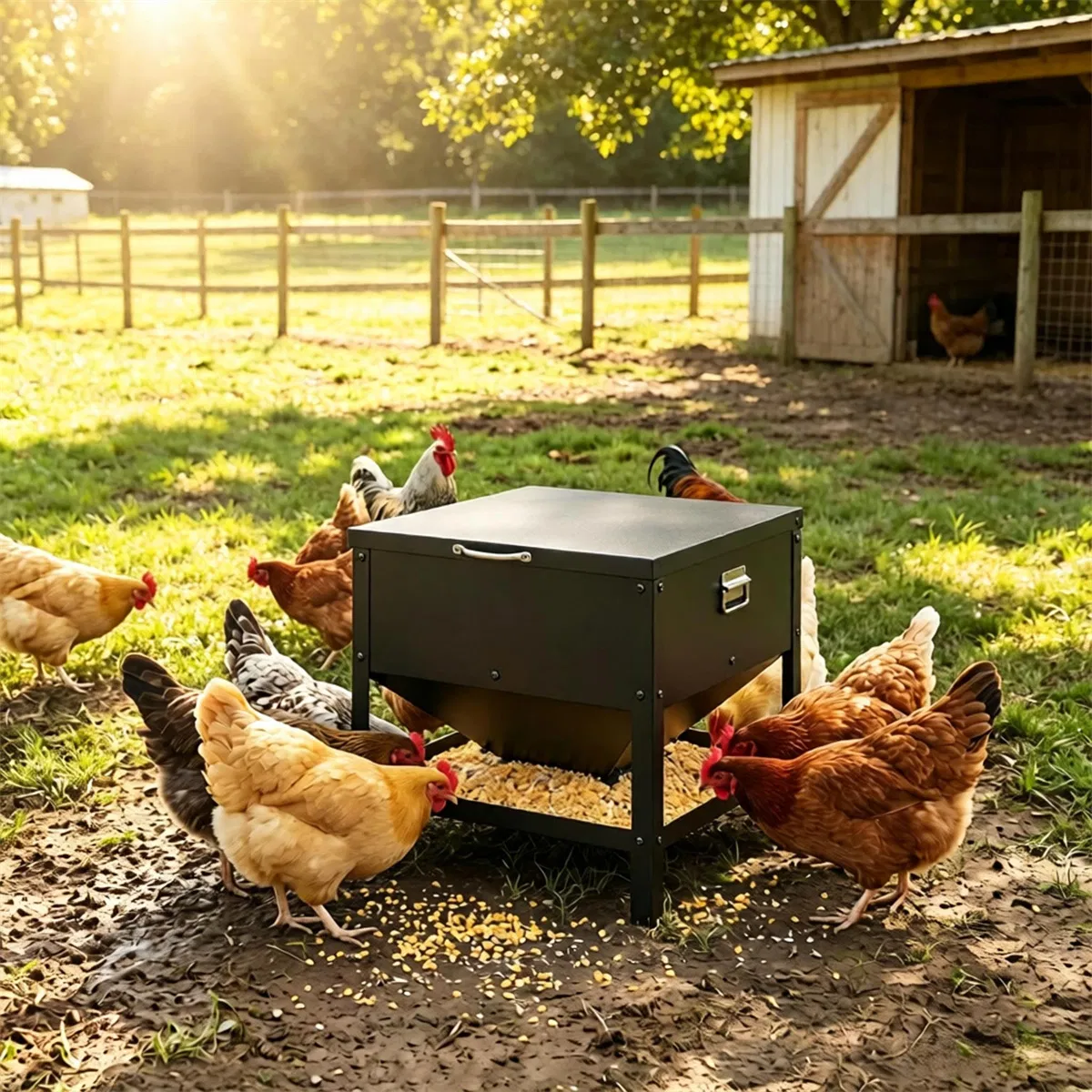 Heavy Duty Stainless Steel Chicken Feed Hopper with Lift Top Cover, Raised Legs Spill-Proof Poultry Feeding Box for Backyard Flock Low Refill Frequency photo 3