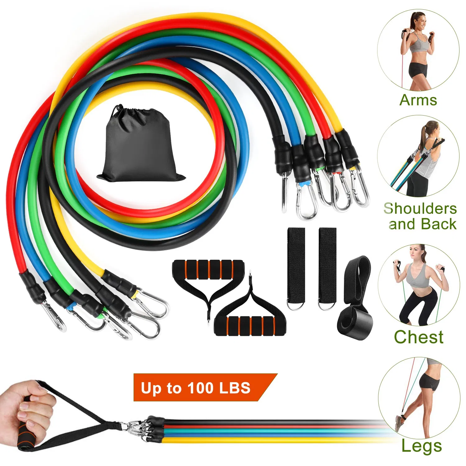 11Pcs Resistance Bands Set Fitness Workout Tubes Exercise Tube Bands Up to 100lbs w/ Door Anchor Handles Ankle Straps for Physical Training Yoga Pilates photo 5