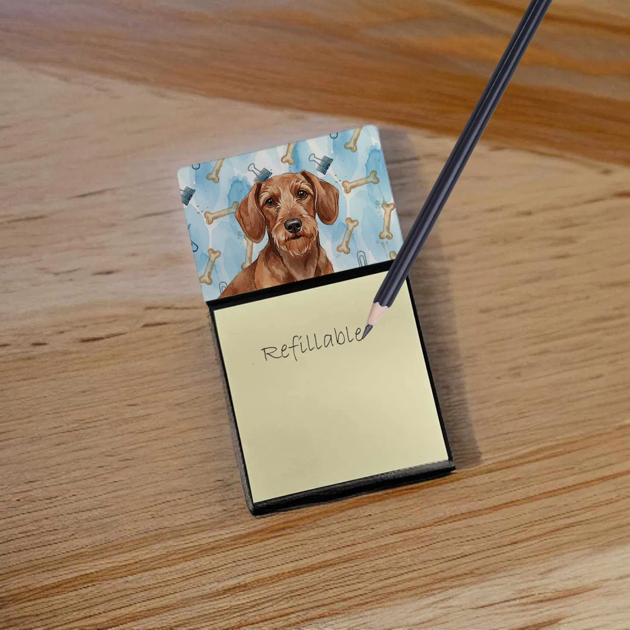 Wirehaired Red Dachshund Coworker Watercolor Sticky Note Holder Refillable Dispenser Desk Accessory 3x3 Pad Gift photo 3