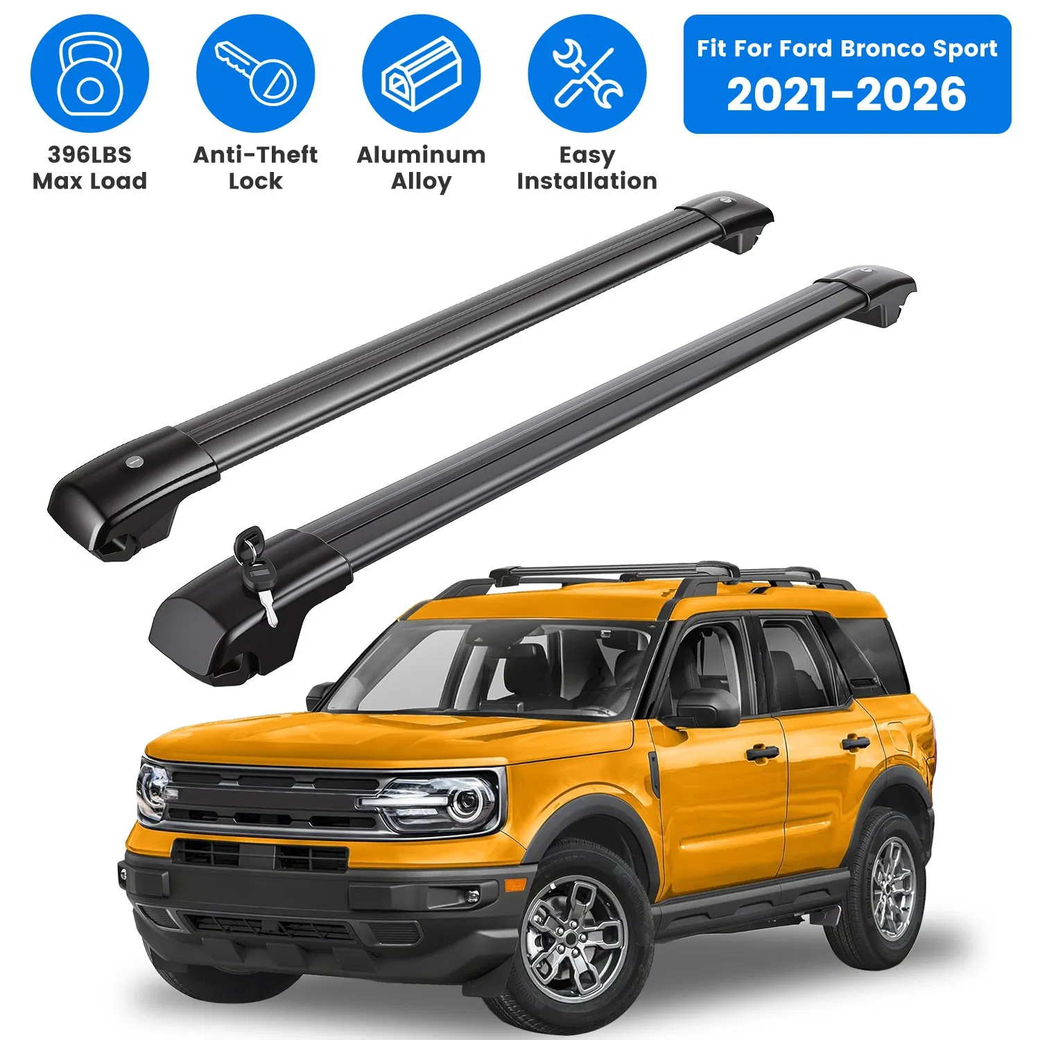 Roof Rack Cross Bars Fit for Ford Bronco Sport 2021-2026 On-Road Off-Road Aluminum Lockable Car Roof Crossbar Set for Factory Raised Side Rails 396LBS Capacity for Luggage Kayak Bike photo 1