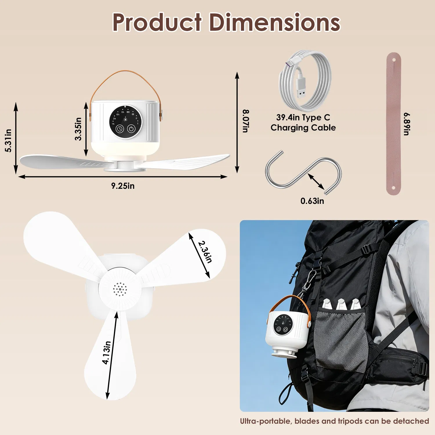 Portable Tent Ceiling Fan Built-in LED Lantern Remote Controlled Timing Fan Light for Camping Beach RV Indoor Use photo 2