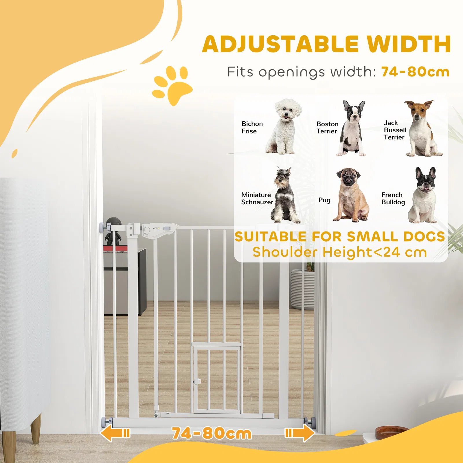 Pet Gate Extra Wide Press-Mounted with Cat Door, Auto Closing Pet Gate for Stair, Hallway, 29-32 Inch, White photo 3