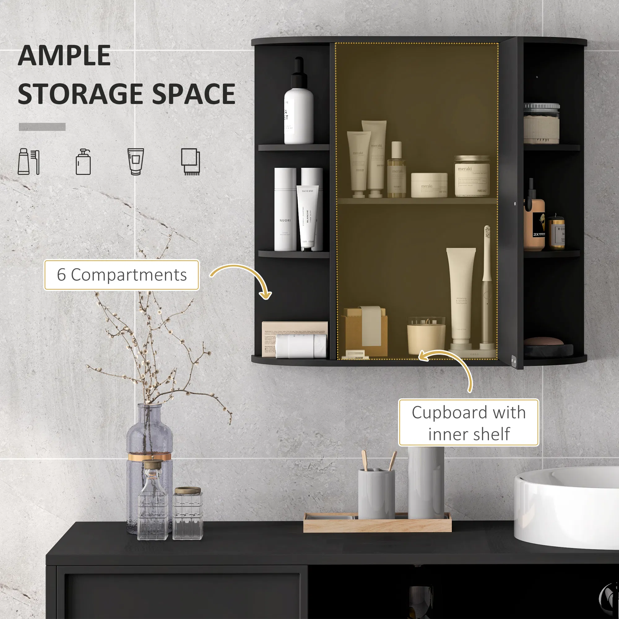 Mirrored Bathroom Wall Cabinet Wall Mounted Medicine Cabinet with Door & Shelves, Black photo 2