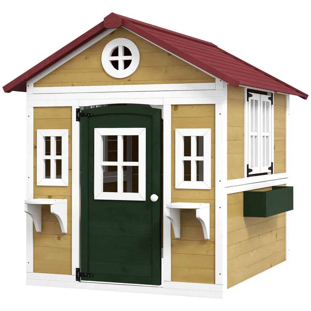 Wooden Playhouse for Kids Outdoor with Door, Windows, Planter Pots and Boxes for Toddlers 3-8 Years, Beige photo 7