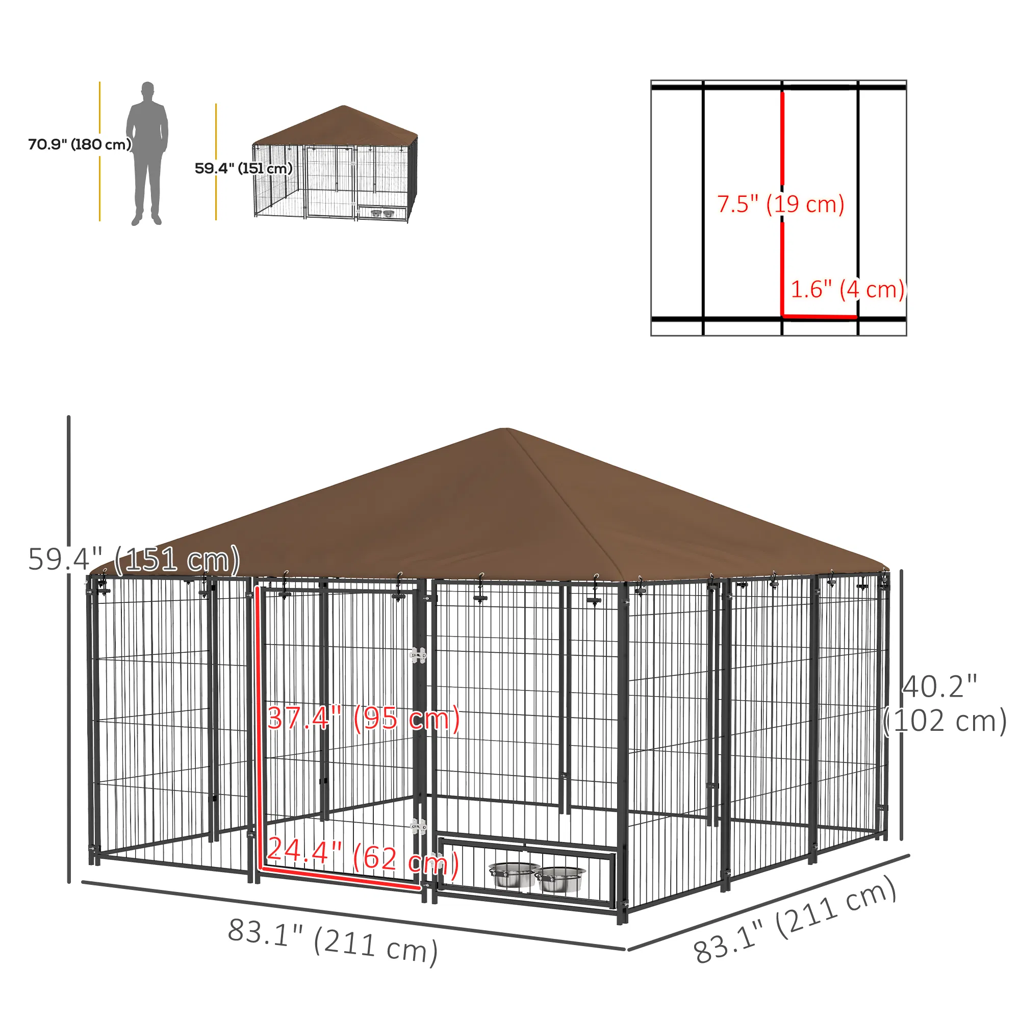 6.9' x 6.9' x 5' Outdoor Dog Kennel with Canopy, Rotating Bowls, Coffee photo 3
