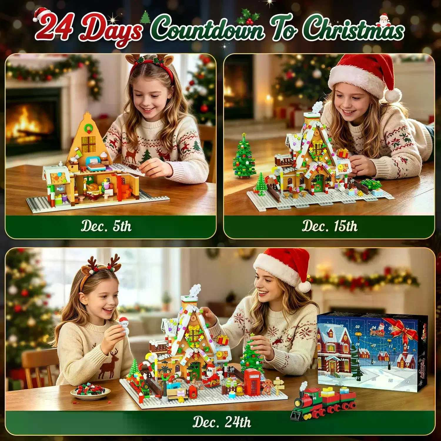 1642-Piece Mini Gingerbread House Advent Calendar, 3.6mm Building Block Christmas Countdown Set with Warm LED Lights, 24-Day Holiday Village Gift photo 5