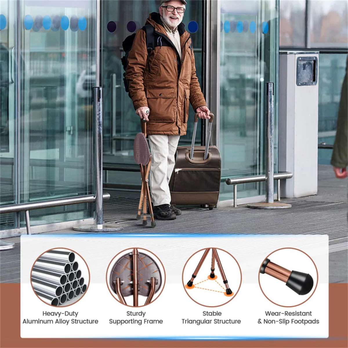Folding Seat Cane (220lbs): 5-Level Height Adjust, LED Light, Anti-Slip Pads, Aluminum Alloy, Bonus Cushion/3 Foot Pads for Elder-Brown photo 3