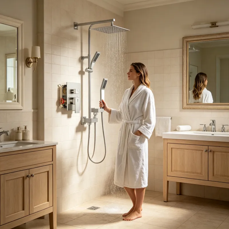 Wall-mounted shower faucet set - 10-12inch square overhead spray + handheld shower head with pressure balance and temperature control valve photo 4