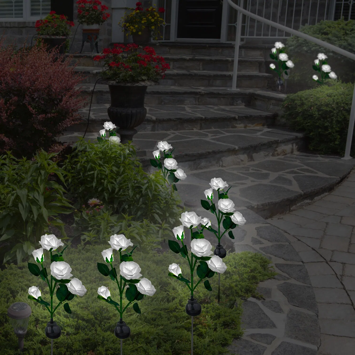 2Pcs Solar Powered Lights Outdoor Rose Flower LED Decorative Lamp Water Resistant Pathway Stake Lights For Garden Patio Yard Walkway photo 6
