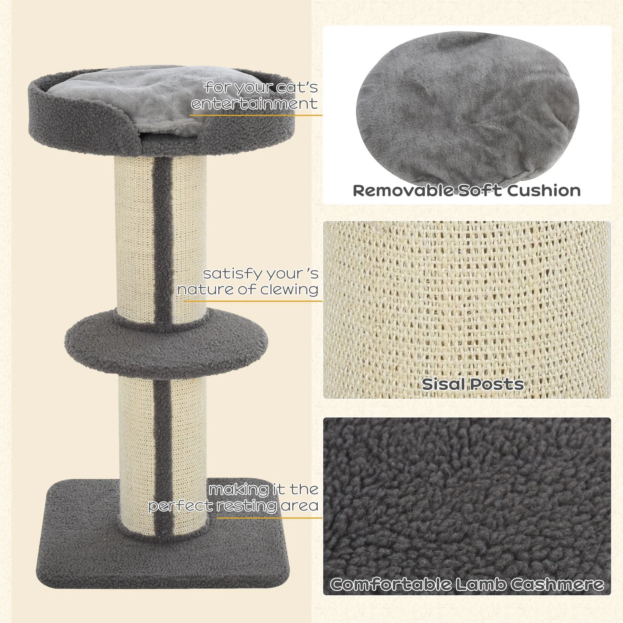 Cat Tree Kitty Tower with Sisal Mat Scratching Post, Cat Bed, Cushion, Perch, 18" x 18" x 36", Grey photo 2