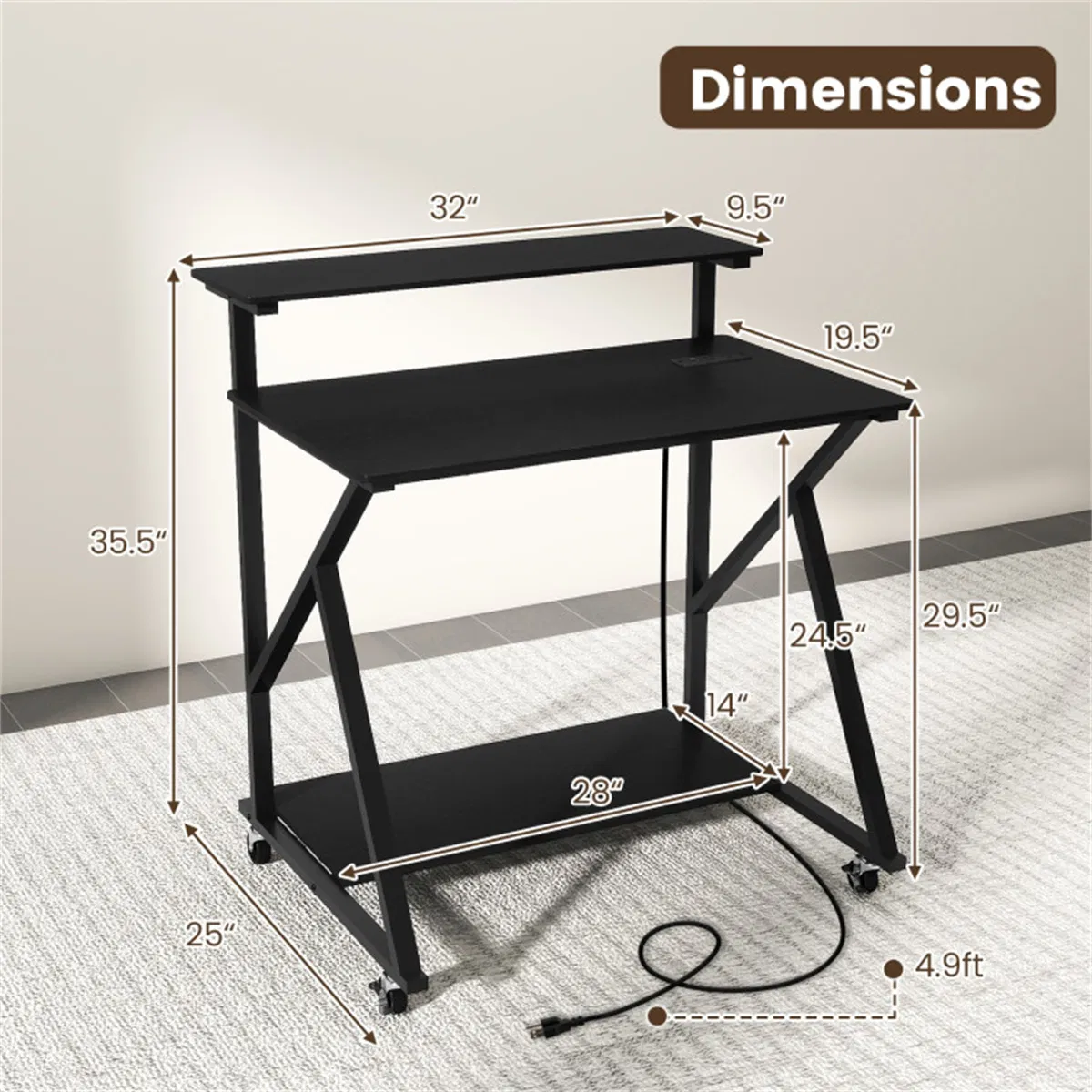 Black Rolling Computer Desk with Power Strip 32" Mobile Office Desk with Monitor Stand photo 6