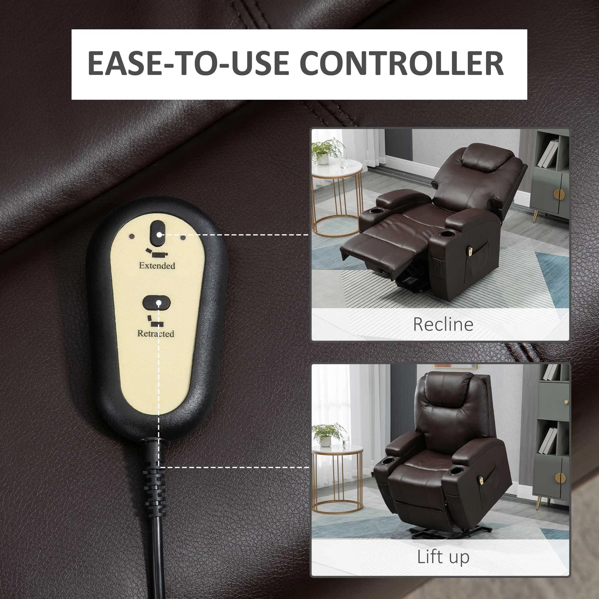 Power Lift Recliner Chair for Elderly, PU Leather Lift Chair with Footrest, Remote Control, Side Pockets and Cup Holders, Reclining Sofa for Living Room, Brown photo 6