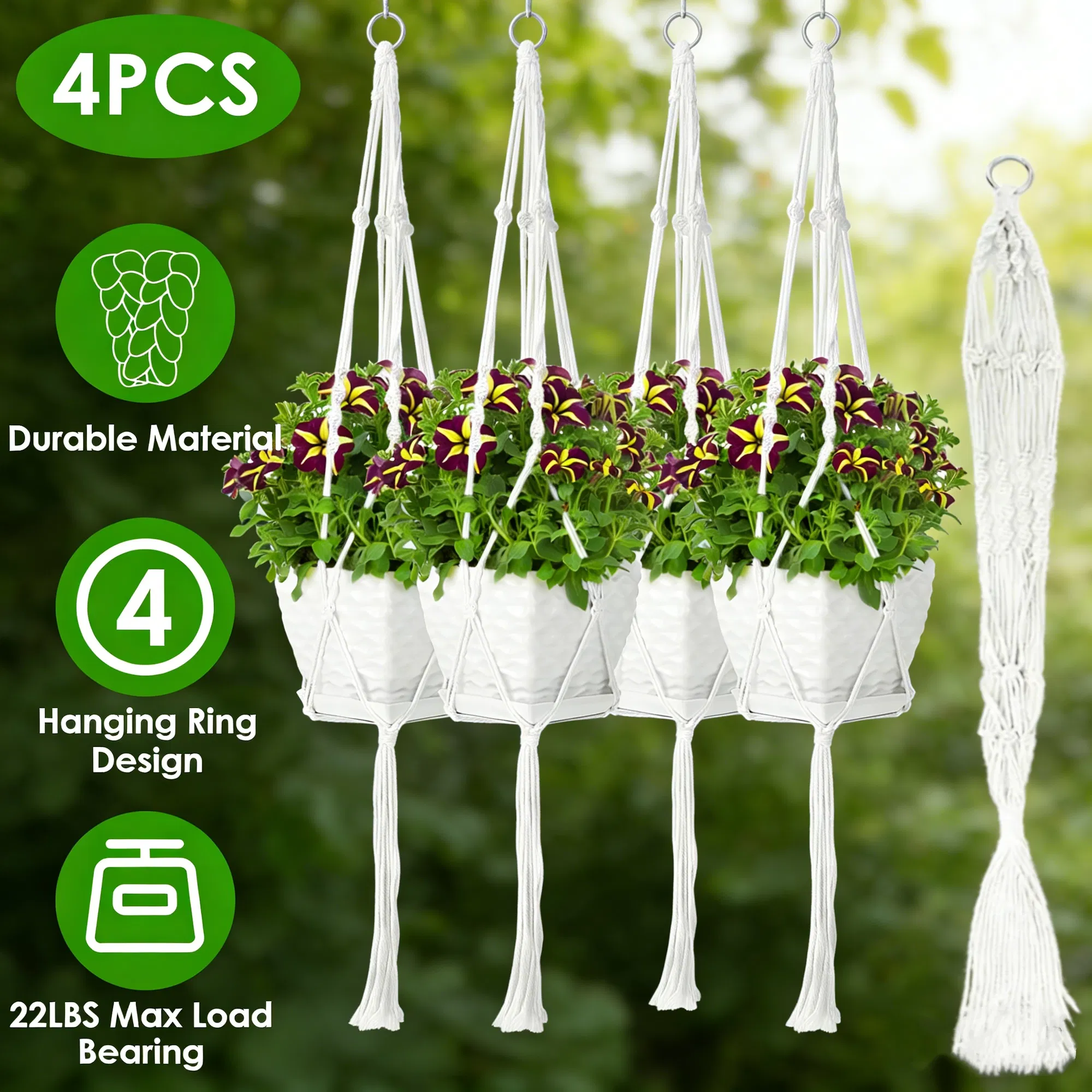 4 PCS Heavy Duty Hanging Plant Holder Natural Cotton Rope Planter Basket with Hanging Ring,Eco-Friendly Hanging Planter Basket Durable Cotton Rope Plant Hanger Space Saving for Indoor Outdoor Garden photo 2