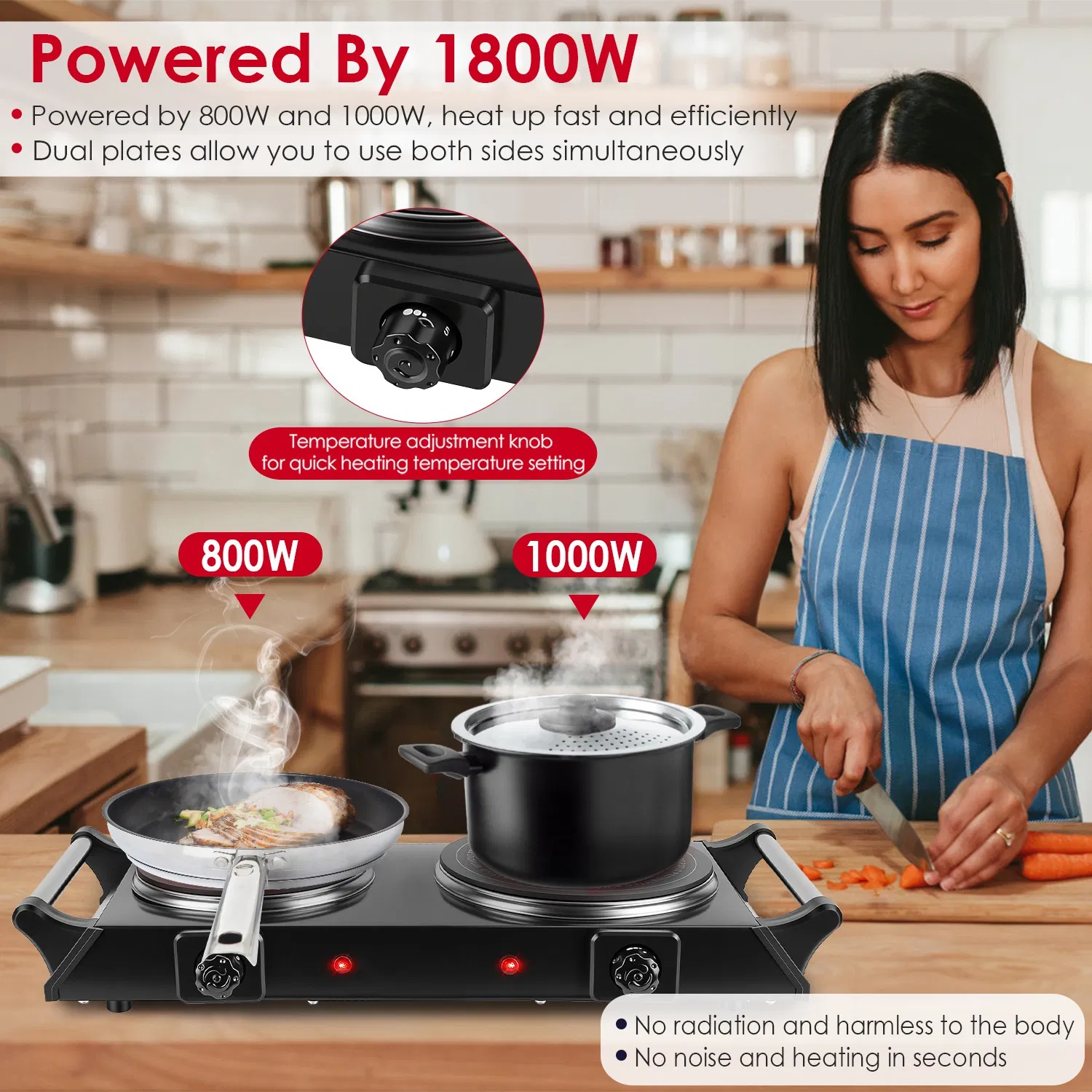 Dual Hot Plate Electric Cooktop - 800W+1000W Power, 6.3in+7.5in Silicon Crystal Glass Plates, 5 Stepless Heating Gears, Thermostat Control & Easy Cleaning, Portable for Dorms/RVs/Camping photo 2