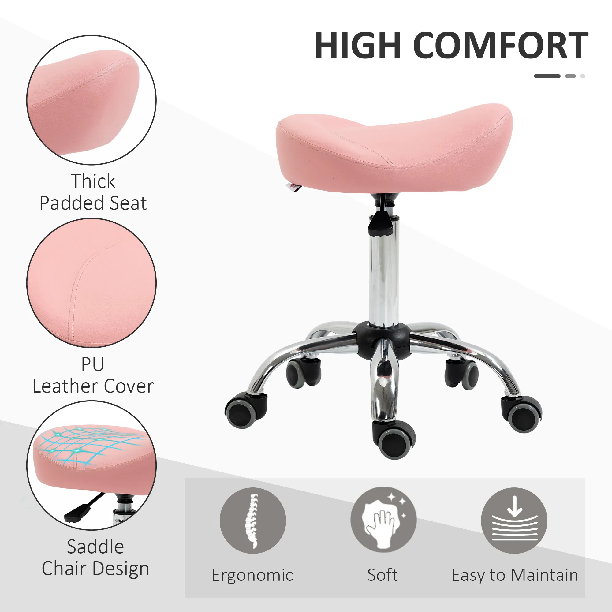 Saddle Stool Chic: Height Adjustable Rolling Salon Chair in Pink PU Leather for Massage, Spa, Clinic, Beauty, and Tattoo photo 4