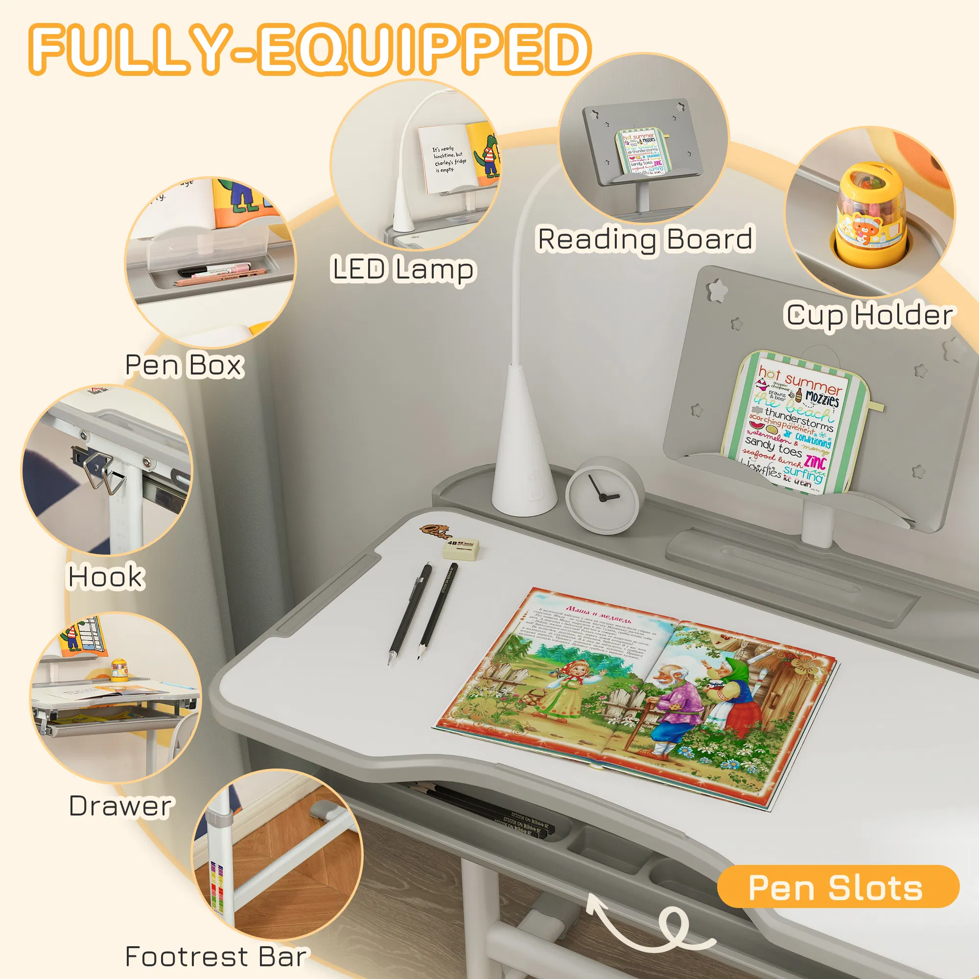 Kids Desk and Chair Set Height Adjustable Student Writing Desk Children School Study Table with Tilt Desktop, Grey photo 5