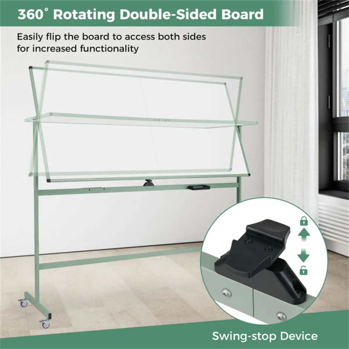 360° Rotating Double-Sided Magnetic Whiteboard, 182.88×91.44cm Writing Surface Mobile Dry Erase Board with Casters, Green photo 4