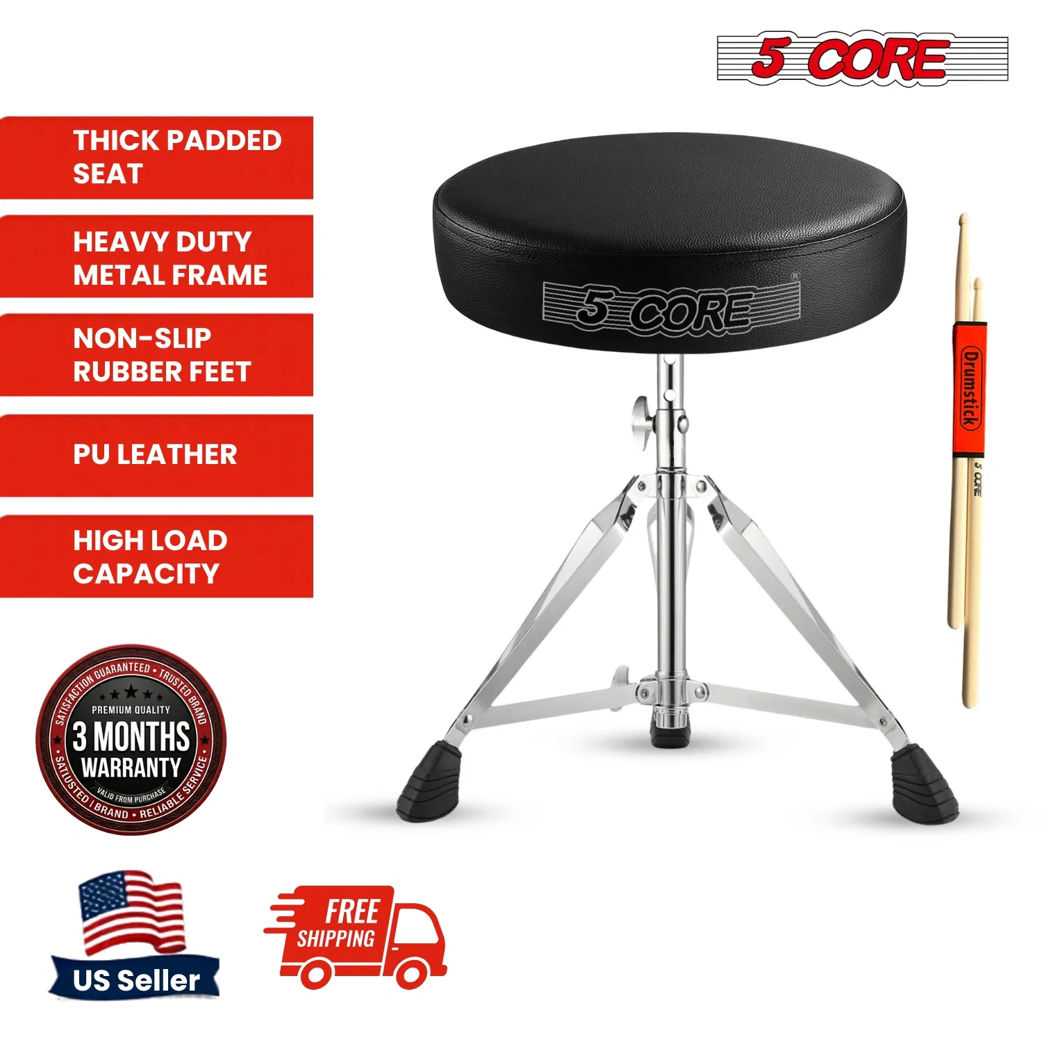 5 CORE Drum Throne Padded Guitar Stool Height Adjustable Music Chair Seat Universal for Adults & Kids with Anti Slip Rubber Feet photo 2