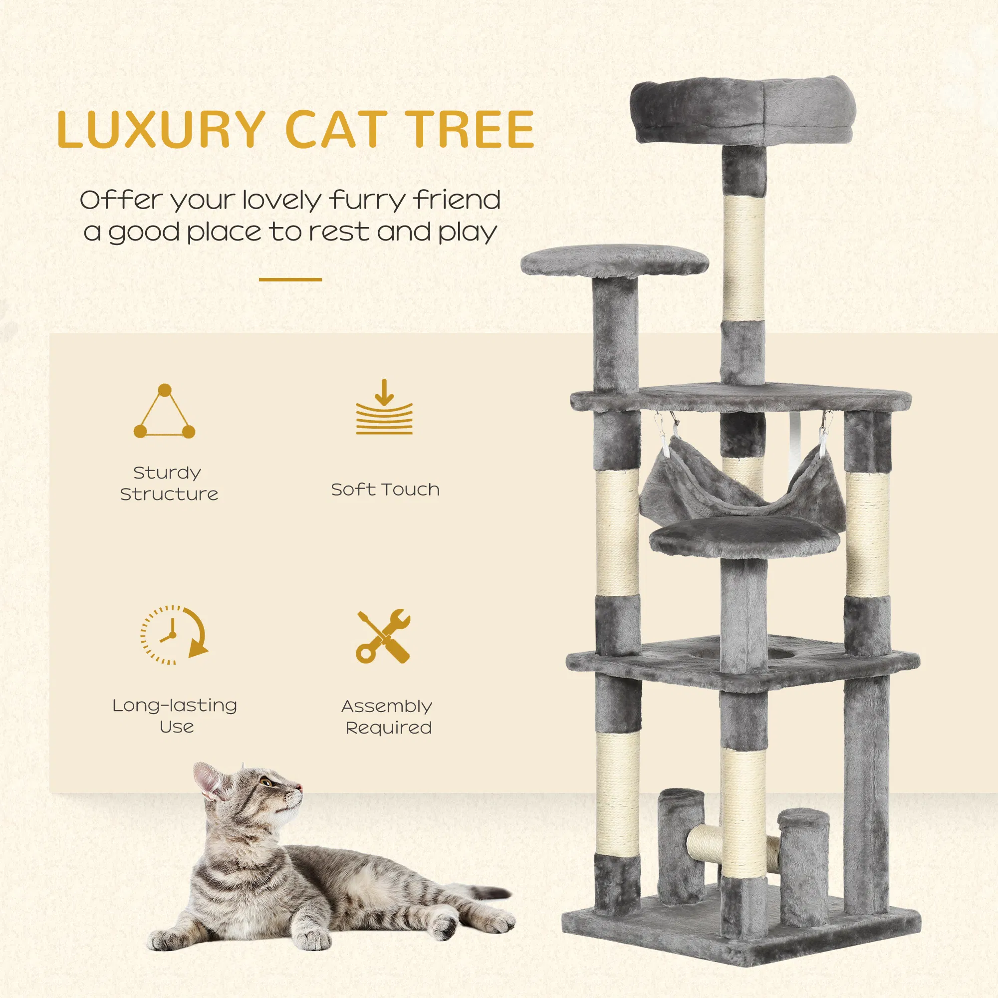 52" Multi-Level Cat Tree Tower, Kitten Scratcher Activity Center Play House with Hammock - Grey photo 2