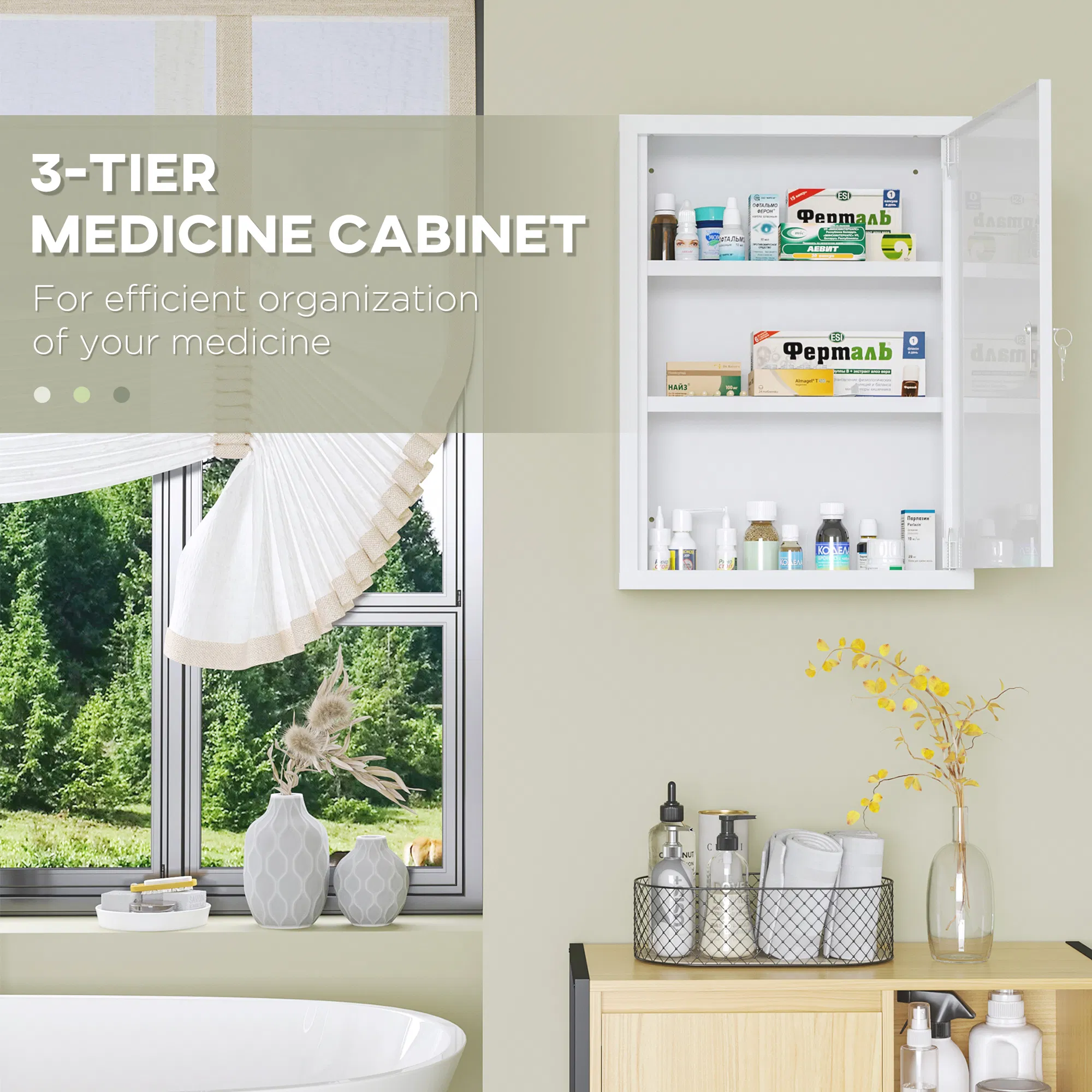 Lockable Medicine Cabinet, 3 Tier Steel Medical Wall Box with 2 Keys and Shelves for Bathroom, White photo 3
