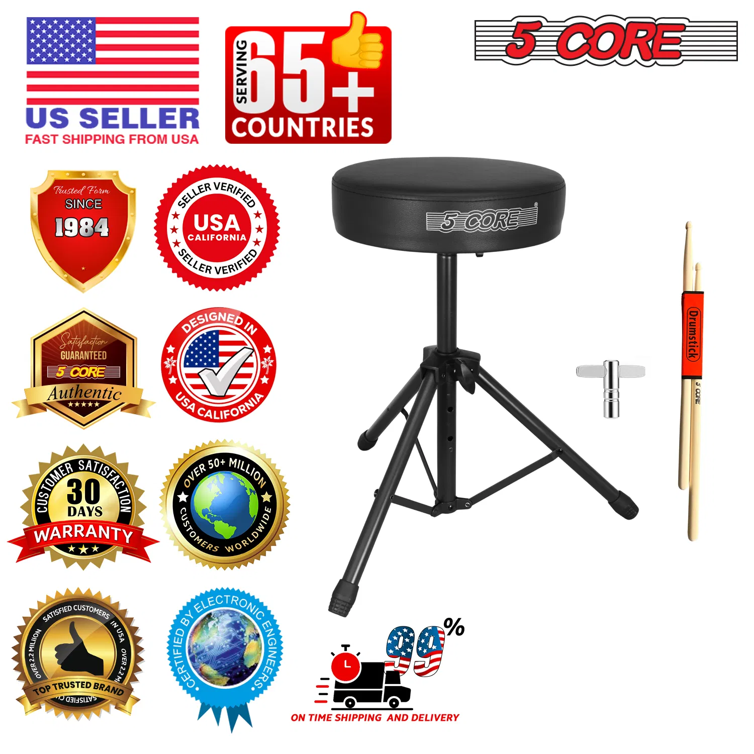 5 Core Drum Throne 3" Thick Padded Memory Foam Comfortable Drummer Stool 330Lb Capacity Adjustable photo 3