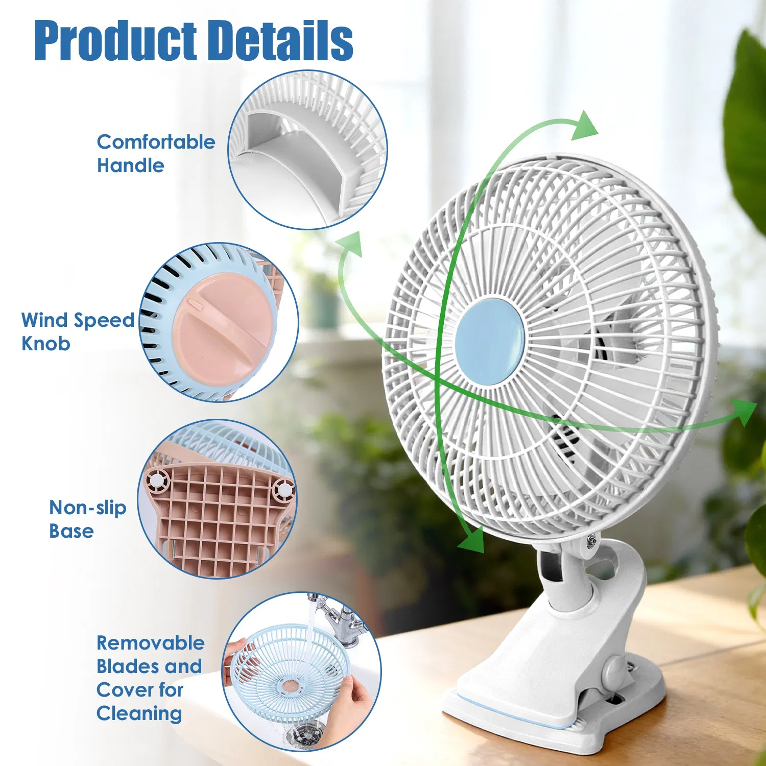8.66In Oscillating Clip On Fan 2 Speeds Quiet Clamp Fan with 90° Oscillating & Tilting Angle Desktop Wall Mount for Home Office Dorms Strollers photo 3