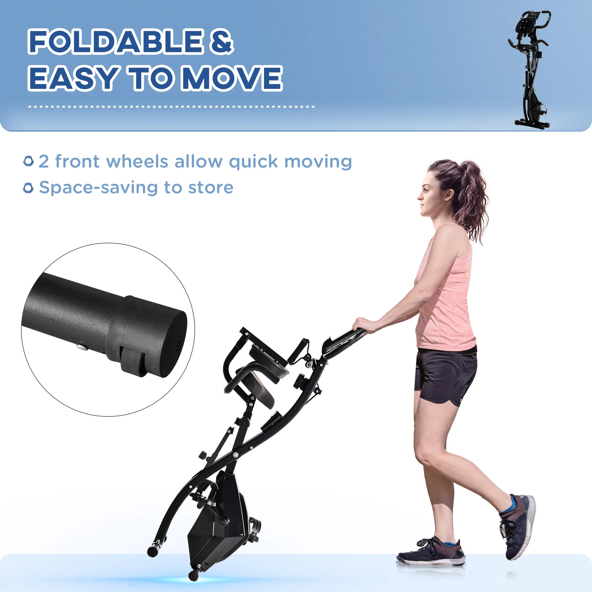 3 in 1 Folding Exercise Bike, Foldable Stationary Bike with 8-Level Magnetic Resistance, Adjustable Seat, Black photo 2