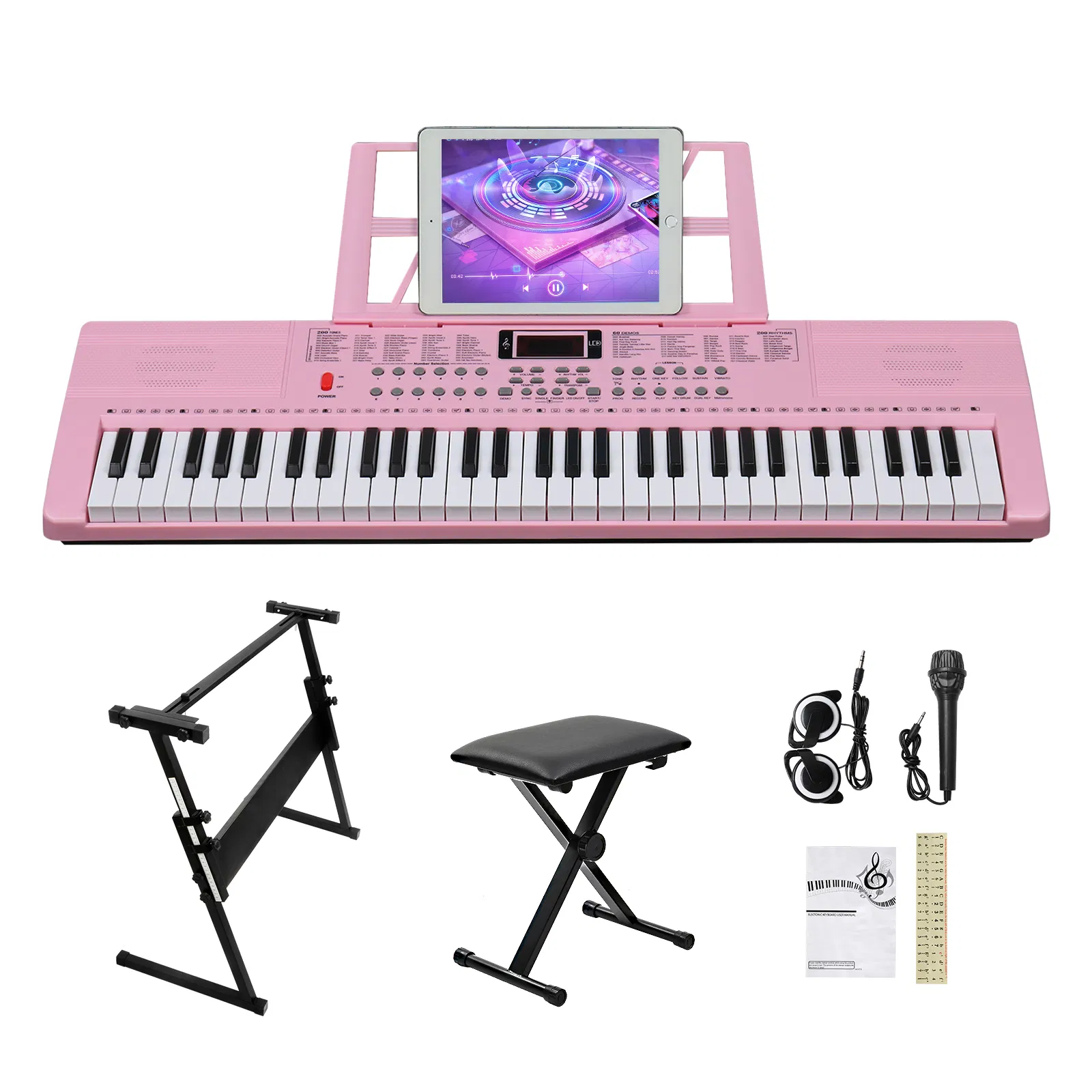 [Do Not Sell on Amazon]GEP-110 61 Key Lighting Keyboard with Piano Stand, Piano Bench, Built In Speakers, Headphone, Microphone, Music Rest, LED Screen, 3 Teaching Modes for Beginners photo 1