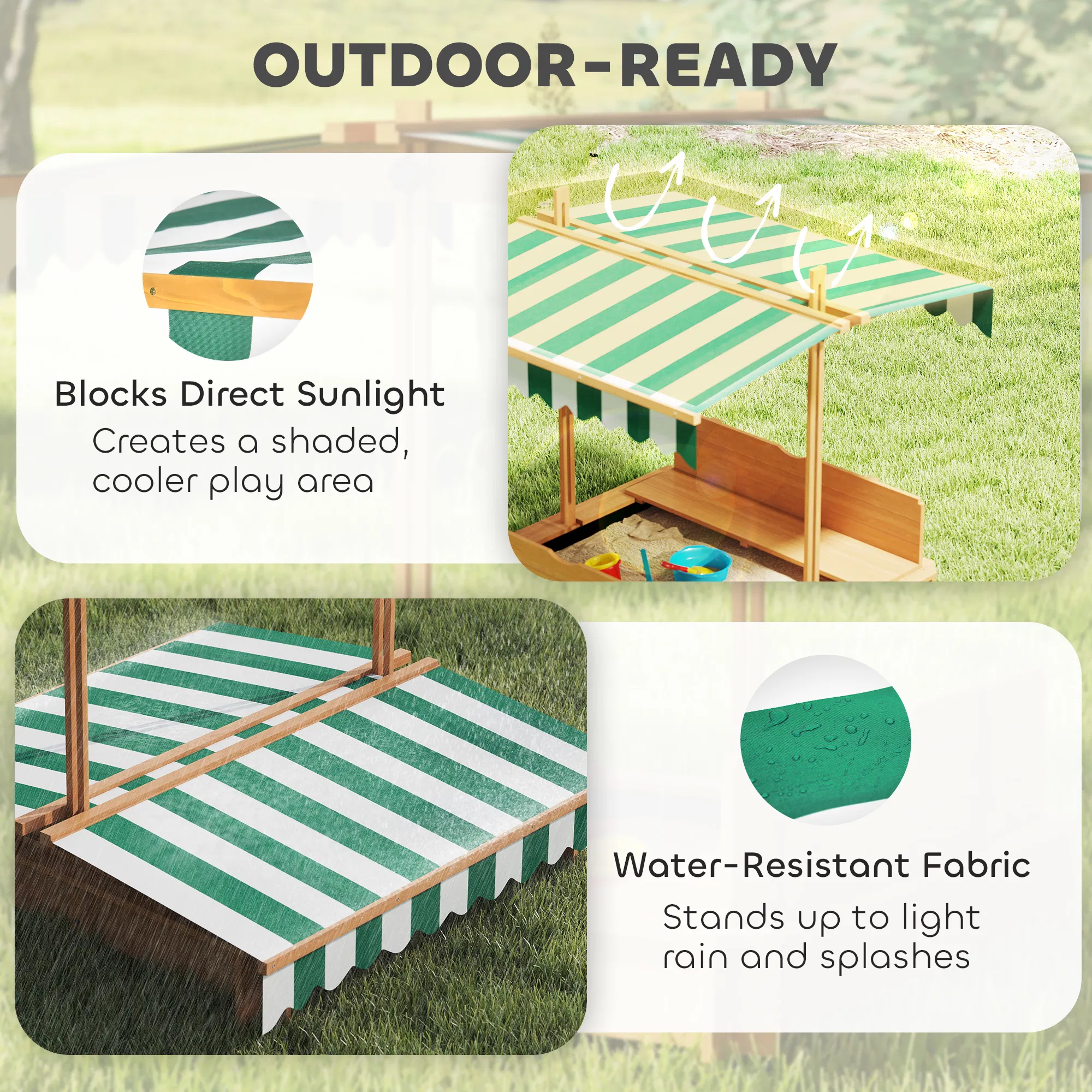 Wooden Kids Sandbox with Cover, Sand Play Station with Foldable Bench Seats and Adjustable Canopy, Light Brown photo 6
