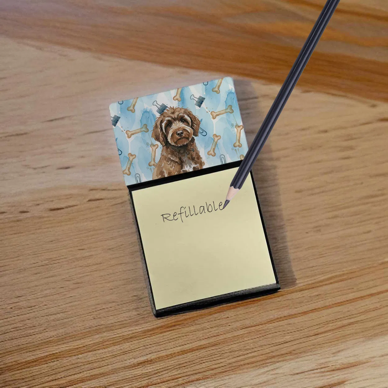 Brown Portuguese Water Dog Coworker Watercolor Sticky Note Holder Refillable Dispenser Desk Accessory 3x3 Pad Gift photo 6