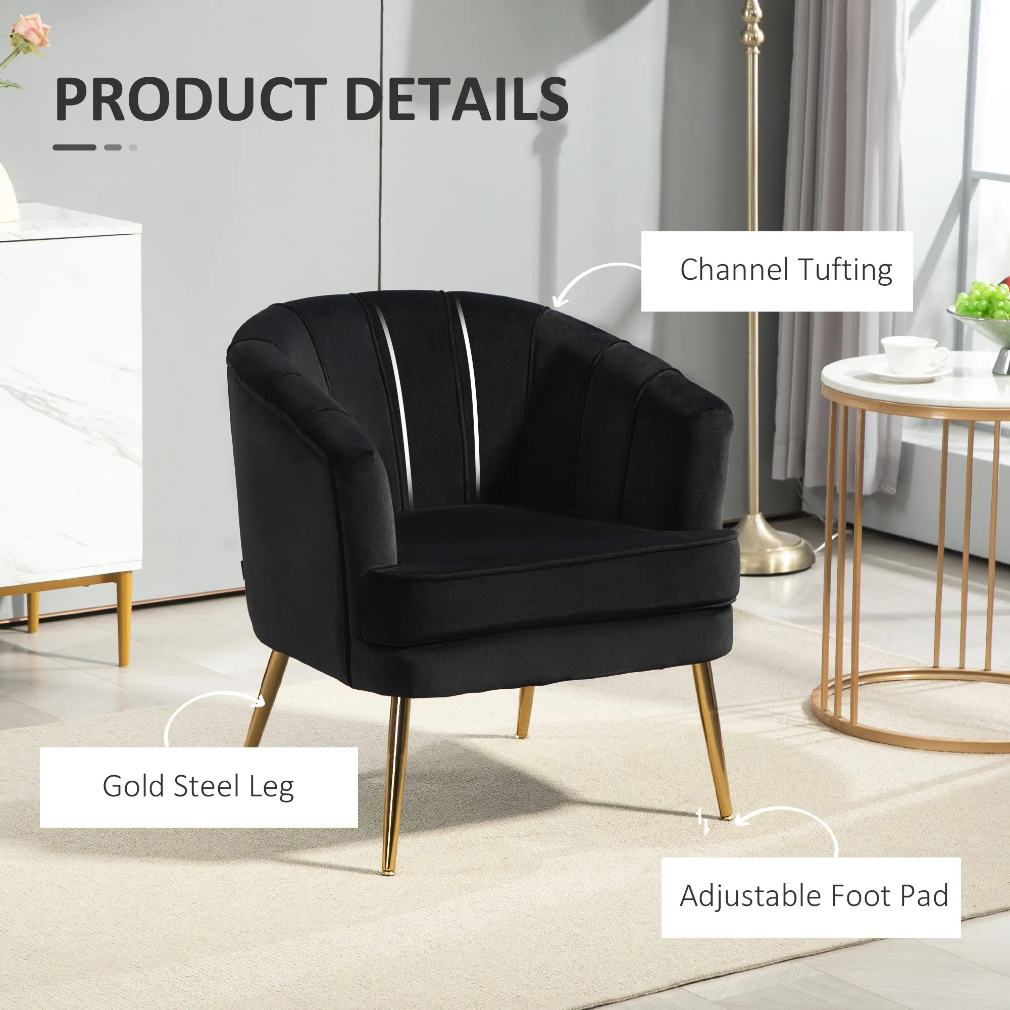 Fabric Armchair, Modern Accent Chair with Gold Metal Legs for Living Room, Bedroom, Home Office, Black photo 2