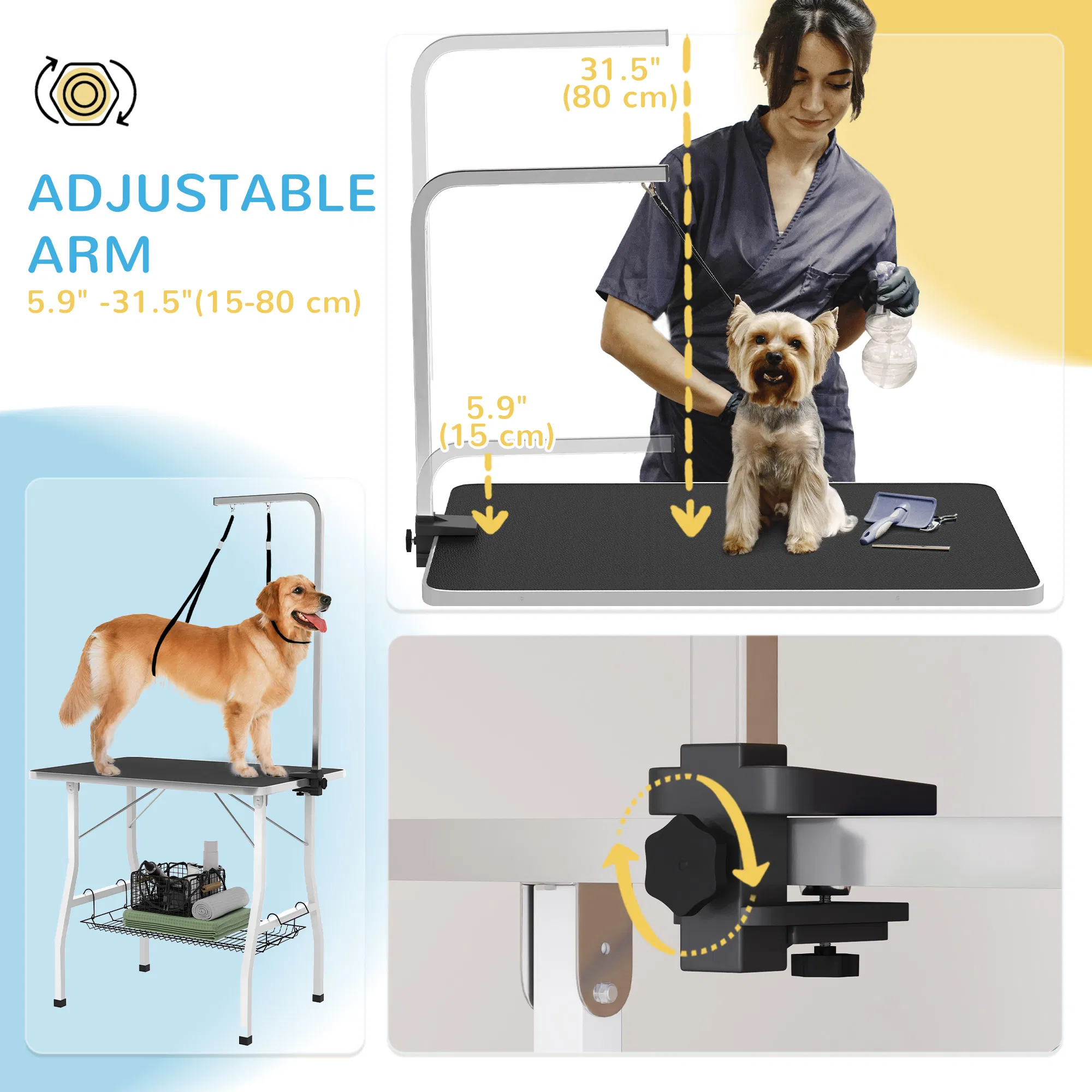 Dog Grooming Table w/ Adjustable Arm, Mesh Tray, Two Nooses, Rubber Surface, 35" x 24" x 61", Black photo 6