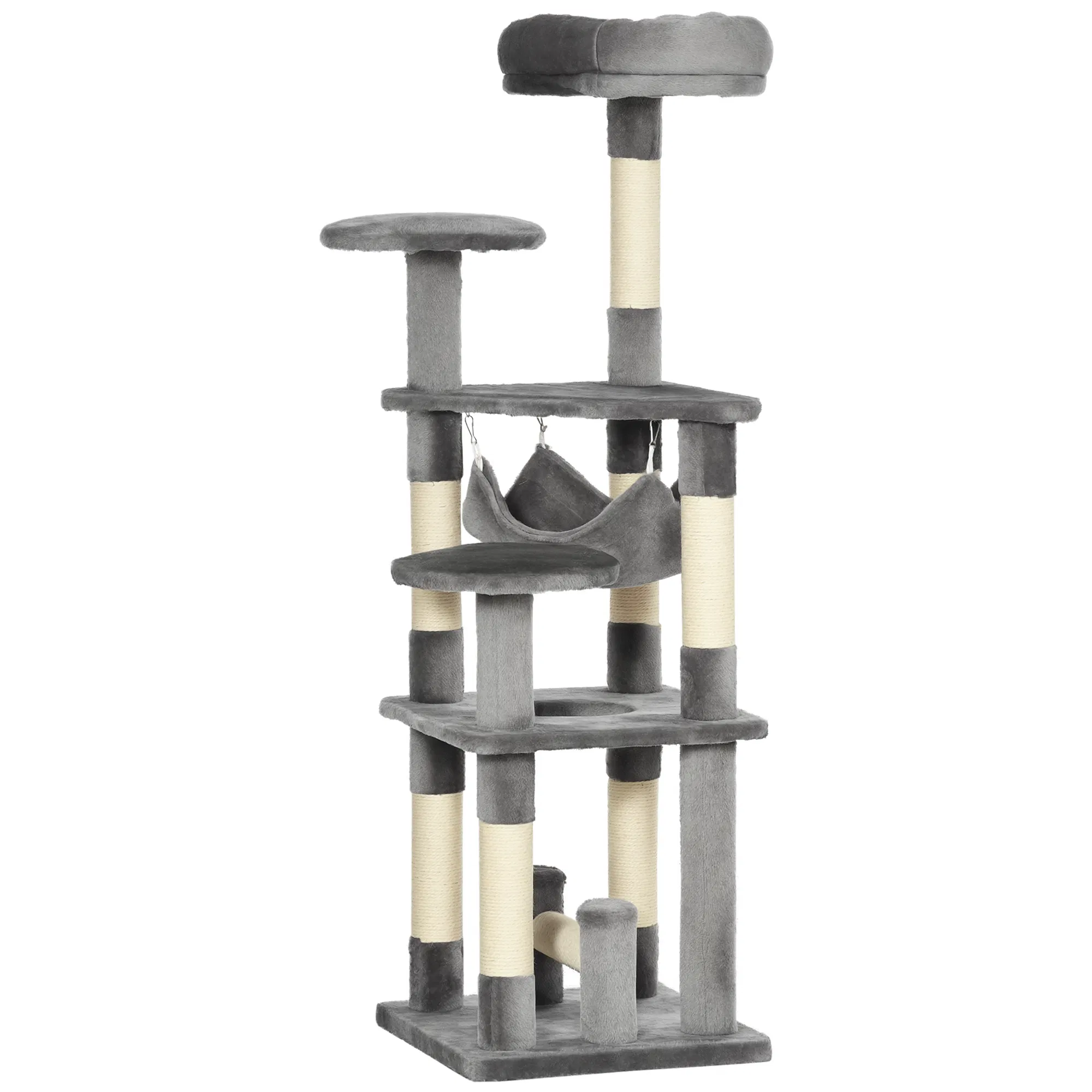 52" Multi-Level Cat Tree Tower, Kitten Scratcher Activity Center Play House with Hammock - Grey photo 1