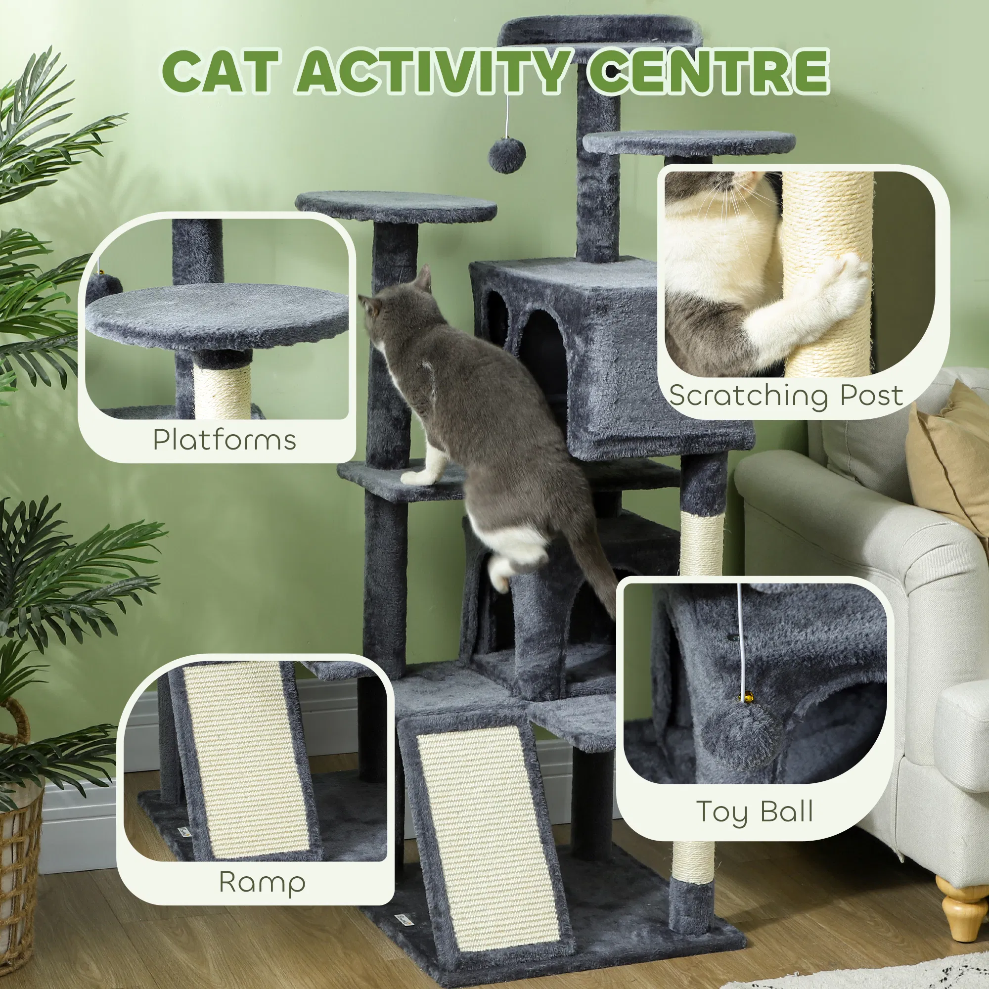 54" Cat Tree, Multi-Level Cat Tower with Scratching Posts, Cat Condos, Bed, Platforms, Ramp, Toy Ball, Dark Grey photo 2