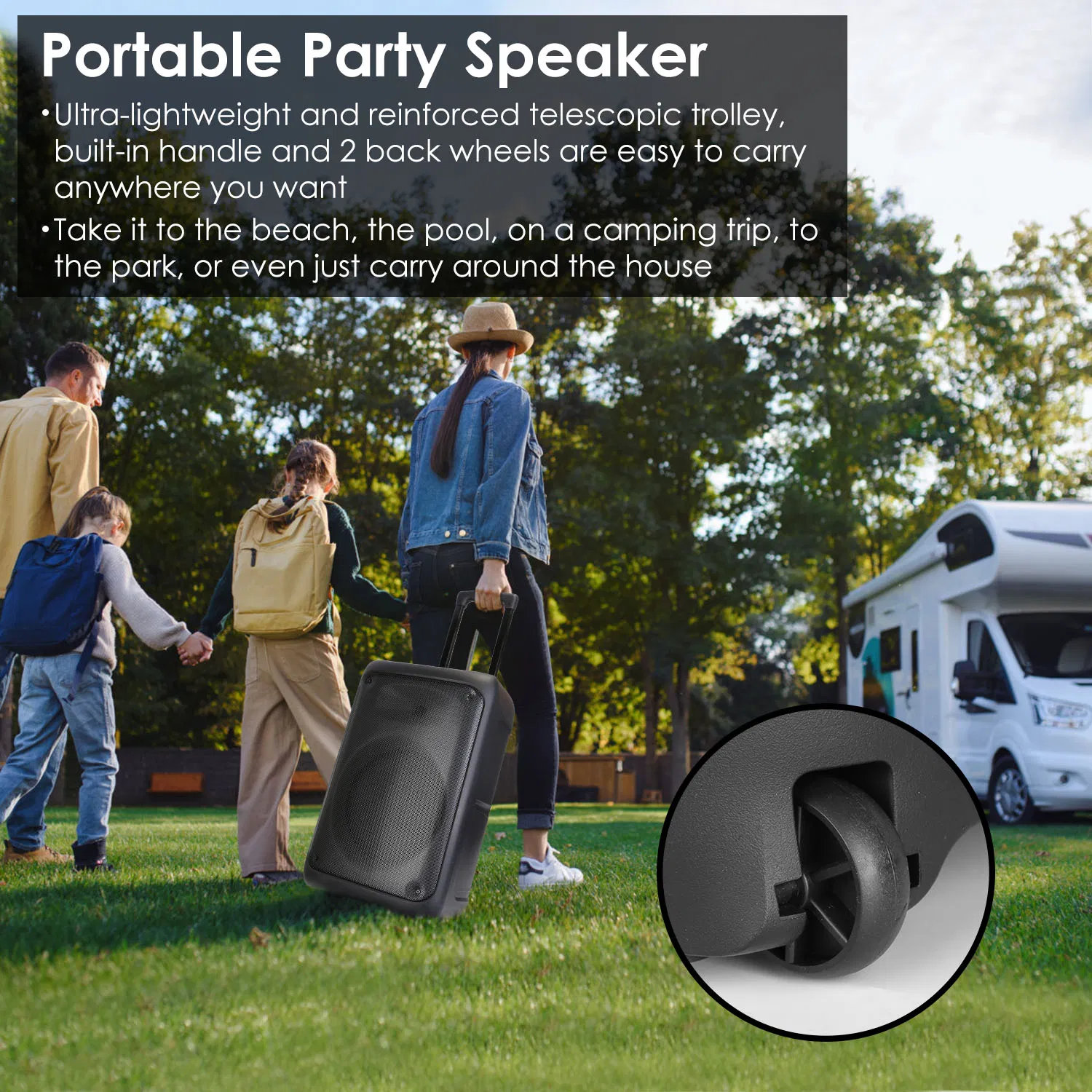 Portable Wireless Party Speaker Party Speaker with with 5 Colorful Lighting Modes TWS FM USB MMC Slot Aux In Recording Mic Priority Trolley Handle 2 Wheels Remote Control photo 2