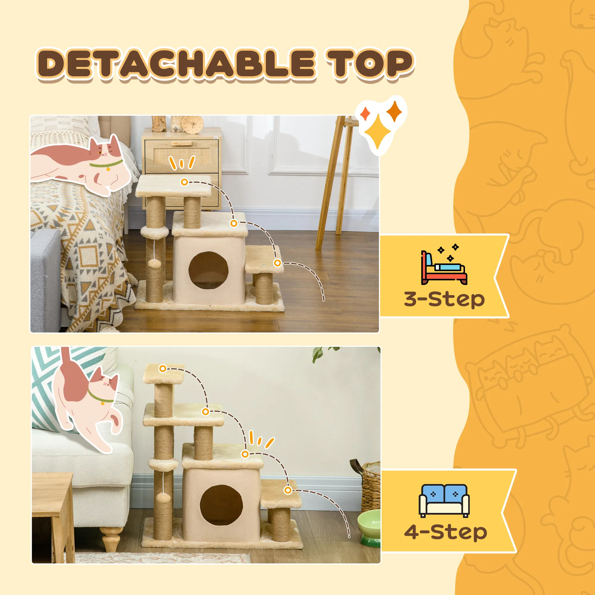 Cat Stairs Pet Steps for Couch Bed with Scratching Posts Condo Ball Toy, 23.6" x 15.7" x 26", Beige photo 6