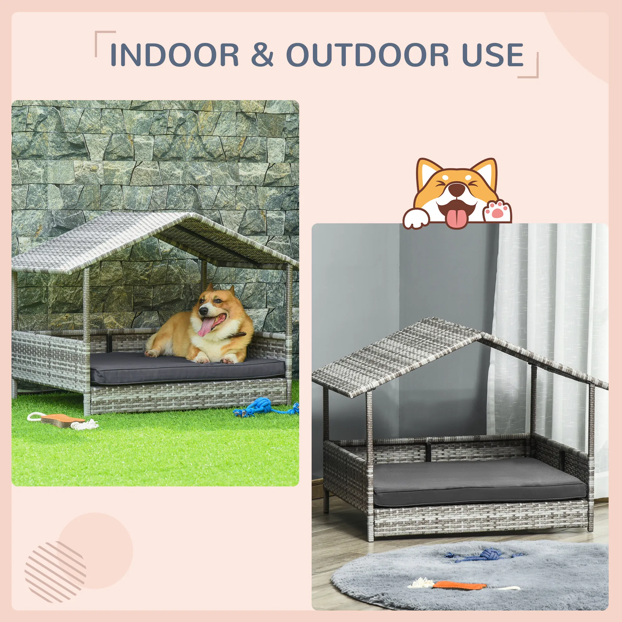Wicker Pet House Dog Bed for Indoor/Outdoor Rattan Furniture with Cushion photo 3