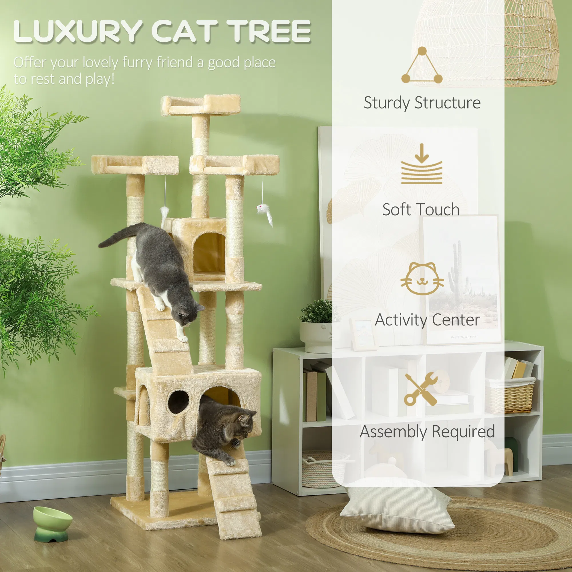 68-inch Multi-Level Cat Scratching Tree Kitty Activity Center Post Tower Condo Pet Furniture w/ Toy Beige photo 2