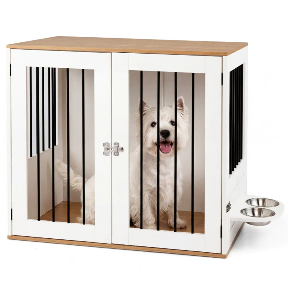 Furniture Style Dog Crate with 360° Rotating Feeder & 304 Stainless Steel Bowls, Double Locking Indoor Dog Kennel photo 3
