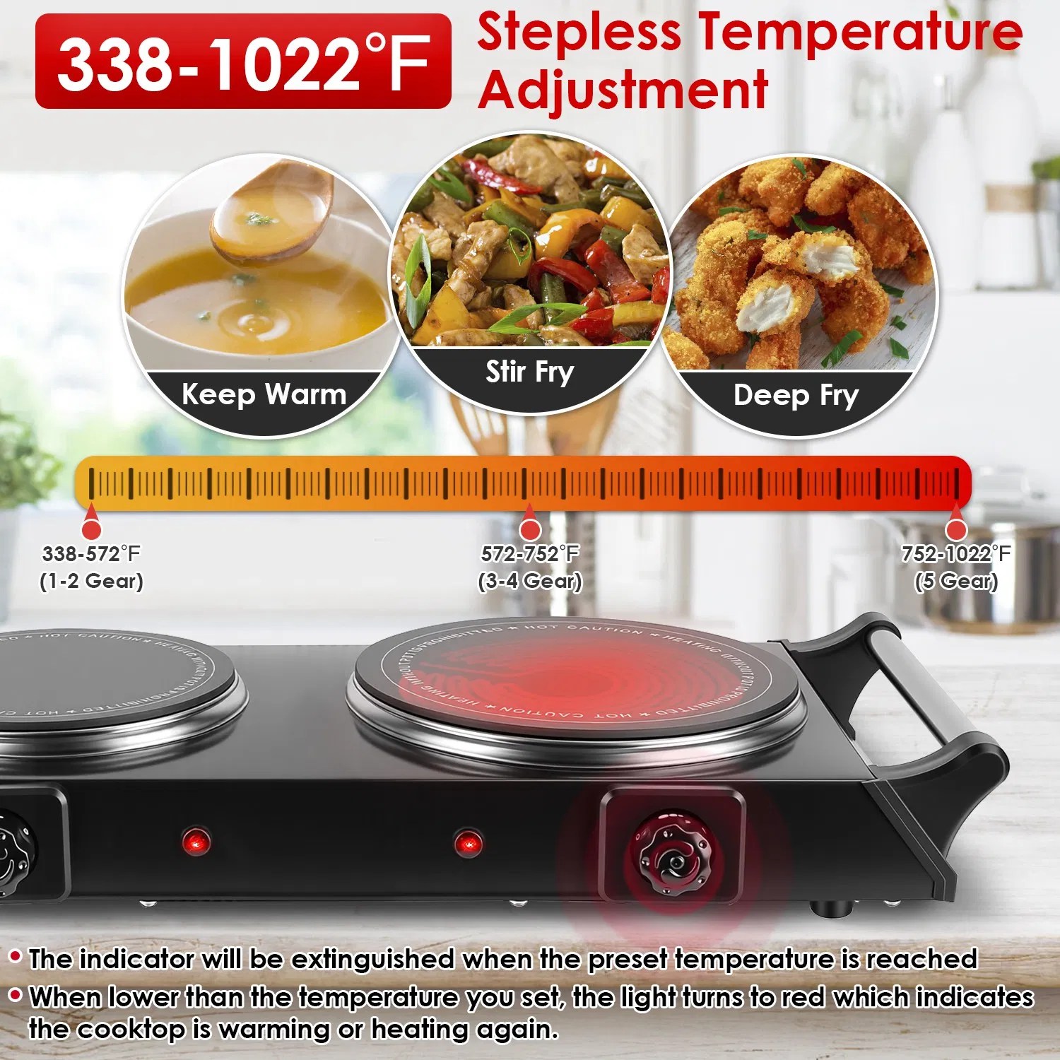 Dual Hot Plate Electric Cooktop - 800W+1000W Power, 6.3in+7.5in Silicon Crystal Glass Plates, 5 Stepless Heating Gears, Thermostat Control & Easy Cleaning, Portable for Dorms/RVs/Camping photo 6